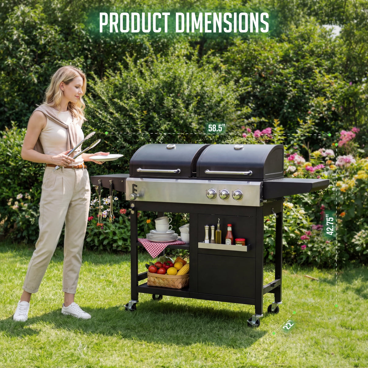 Biotree 3-Burner Gas and Charcoal Grill Combo, Dual Fuel 54,000 BTU BBQ Propane Grill with Side Burner for Backyard BBQ, Outdoor Cooking & Camping
