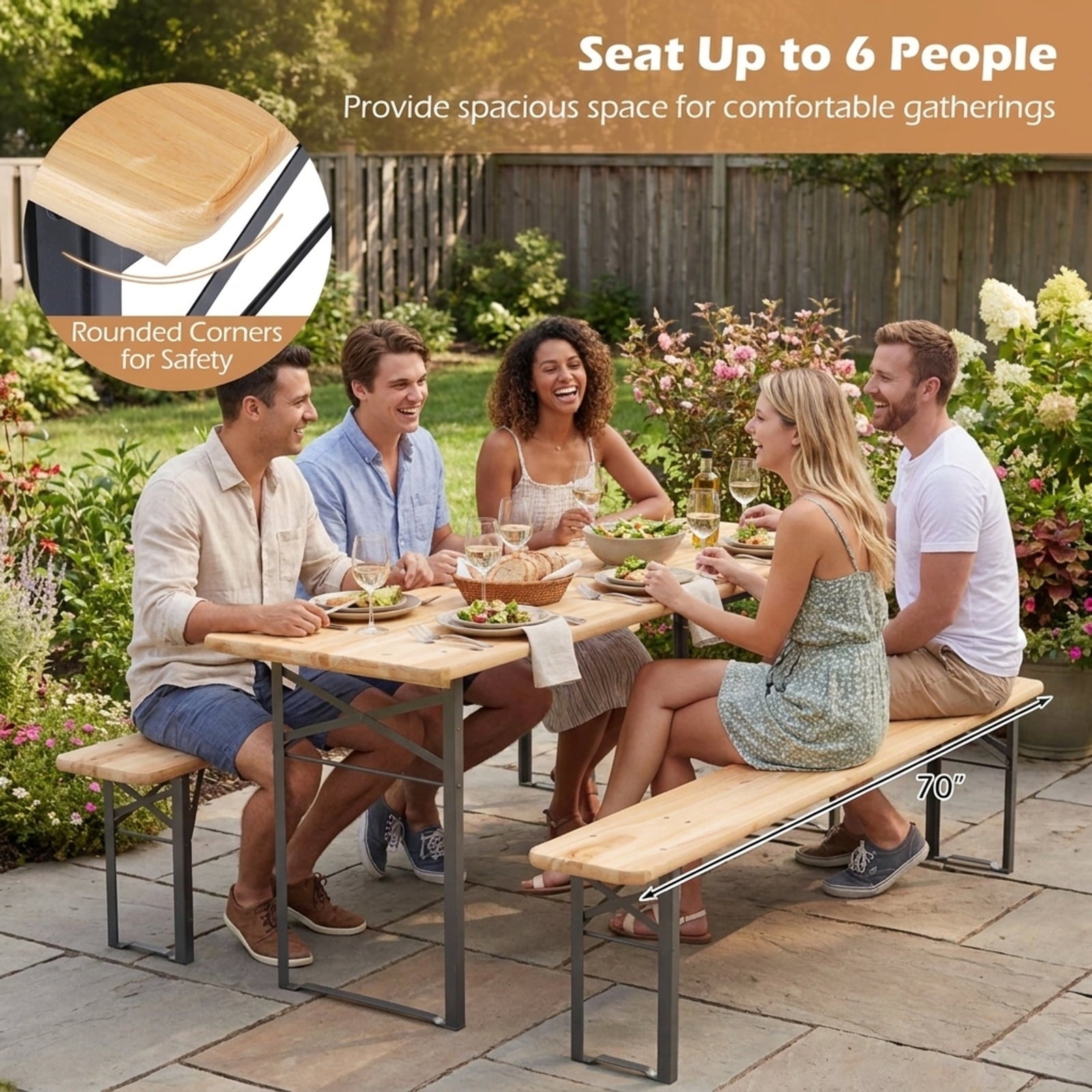 Biotree 70 Inch 3-Piece Folding Picnic Table with Benches for 6 Fir Wood Portable Bear Camping Table, Dark Brown