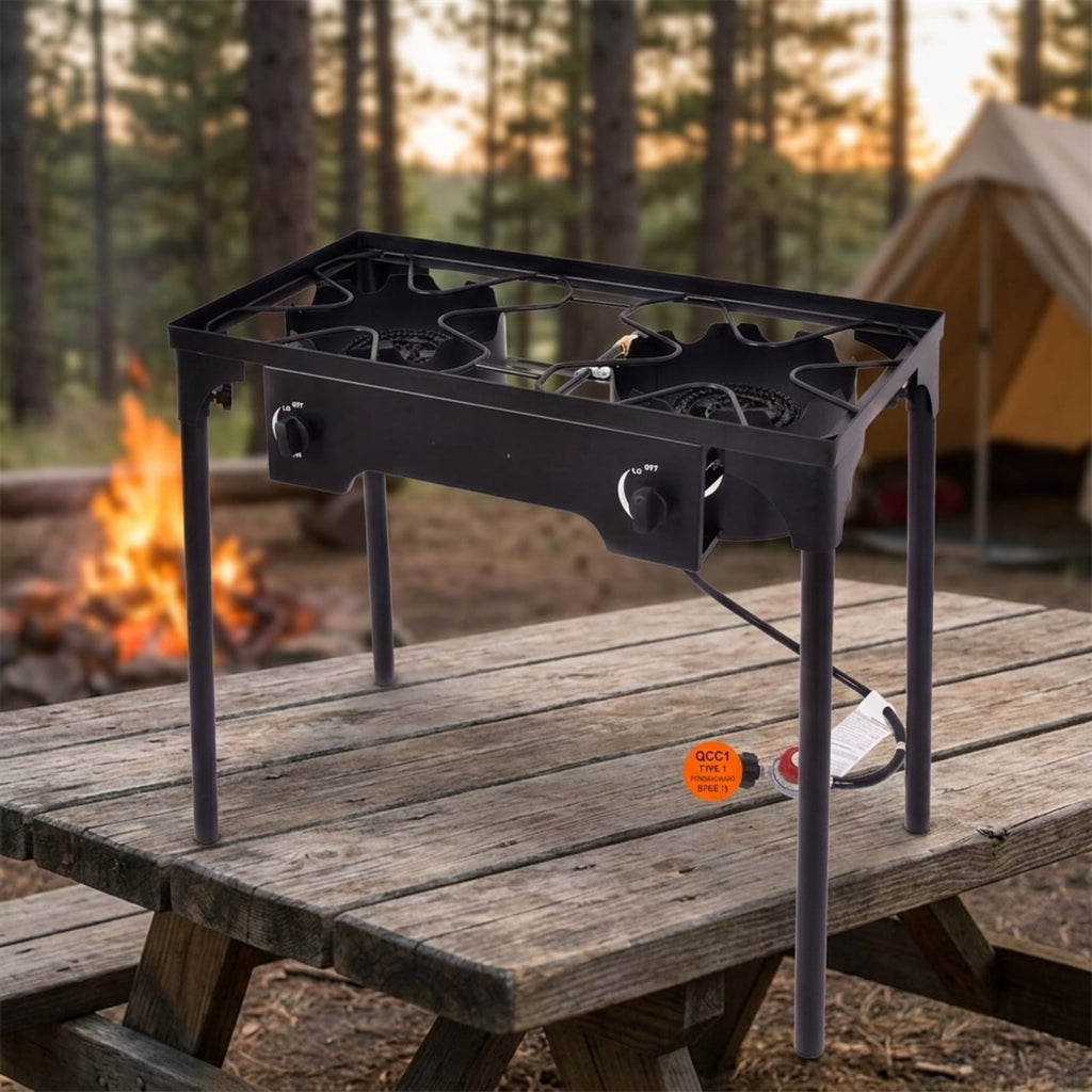 Biotree 150000 BTU Double Burner Outdoor Stove BBQ Grill for Outdoor Camping Backyard Patio Cooking, Black