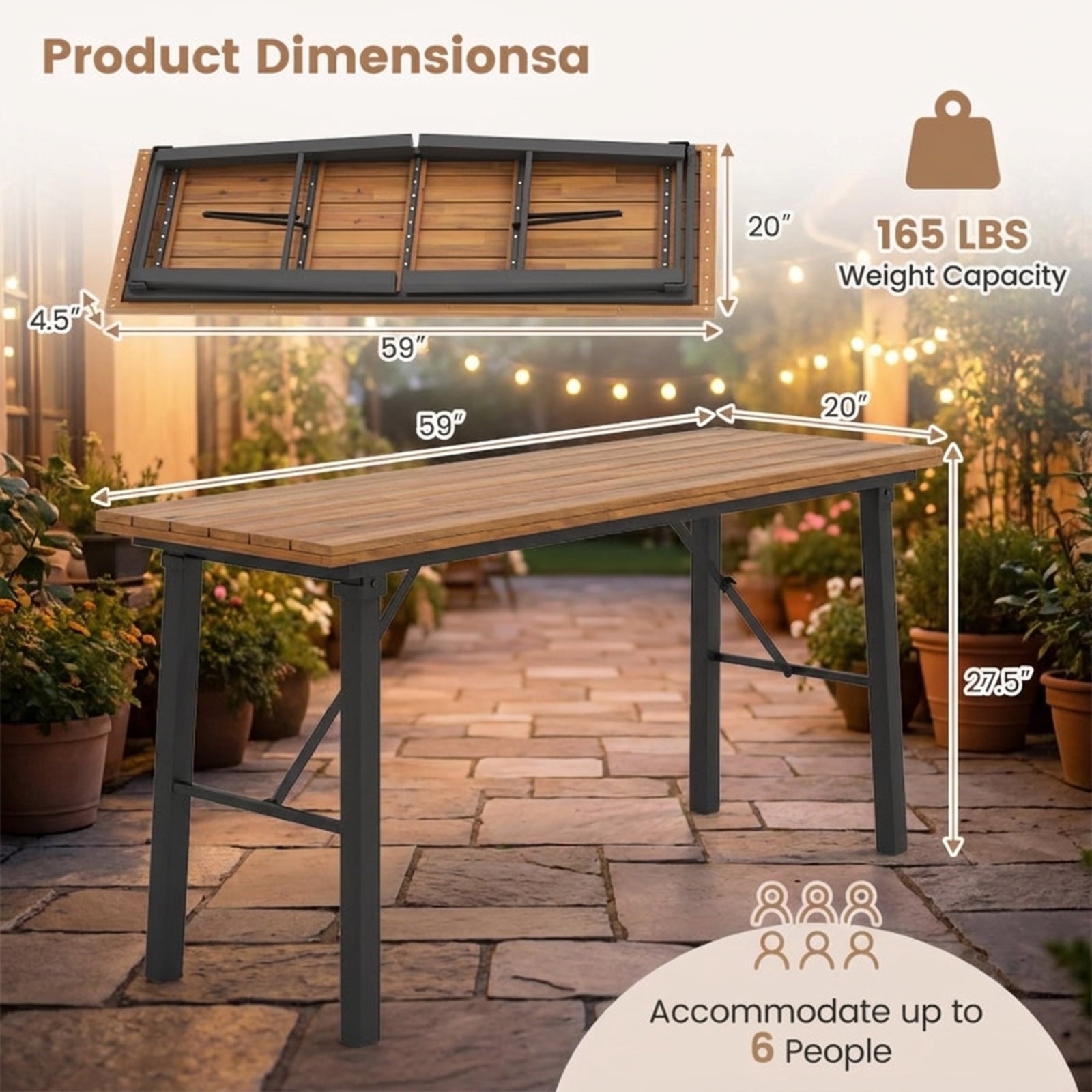 Biotree Folding Picnic Table Acacia Wood Dining Table with Metal Frame for Indoor Outdoor Activities, Natural