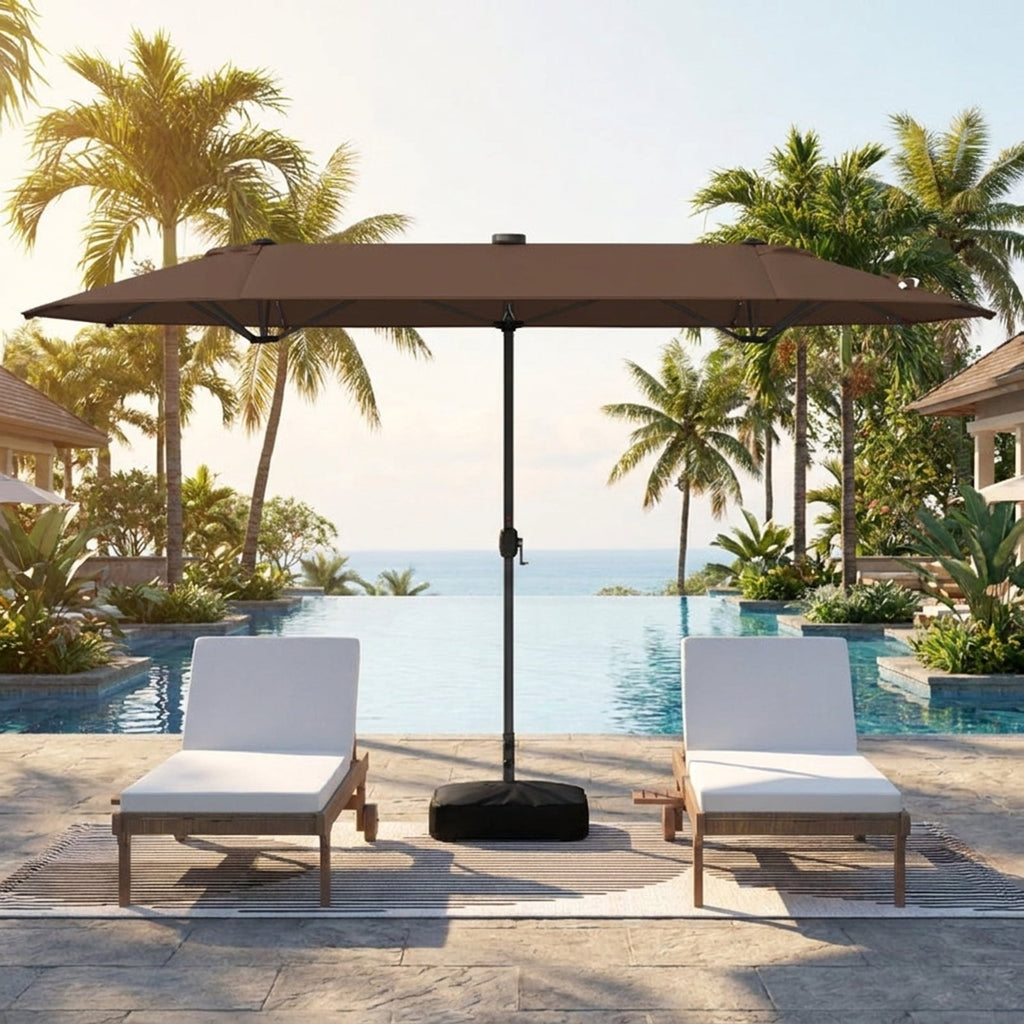 Biotree 13 ft Double-Sided Twin Patio Umbrella Solar Powered Outdoor Shade - Brown - UV Protection with Cross Base