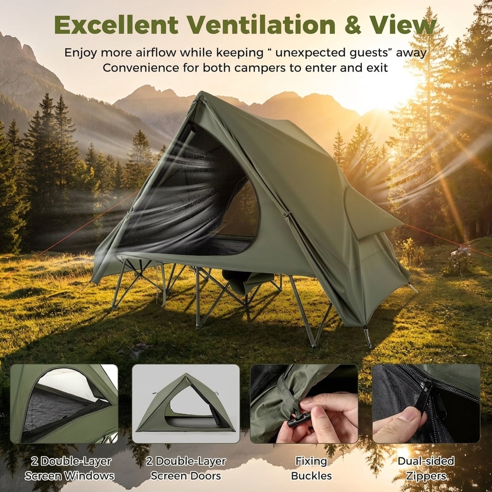 Biotree 2-Person Foldable Off-Ground Camping Cot Tent with Pop Up Shelter and Wheeled Carry Bag, Green