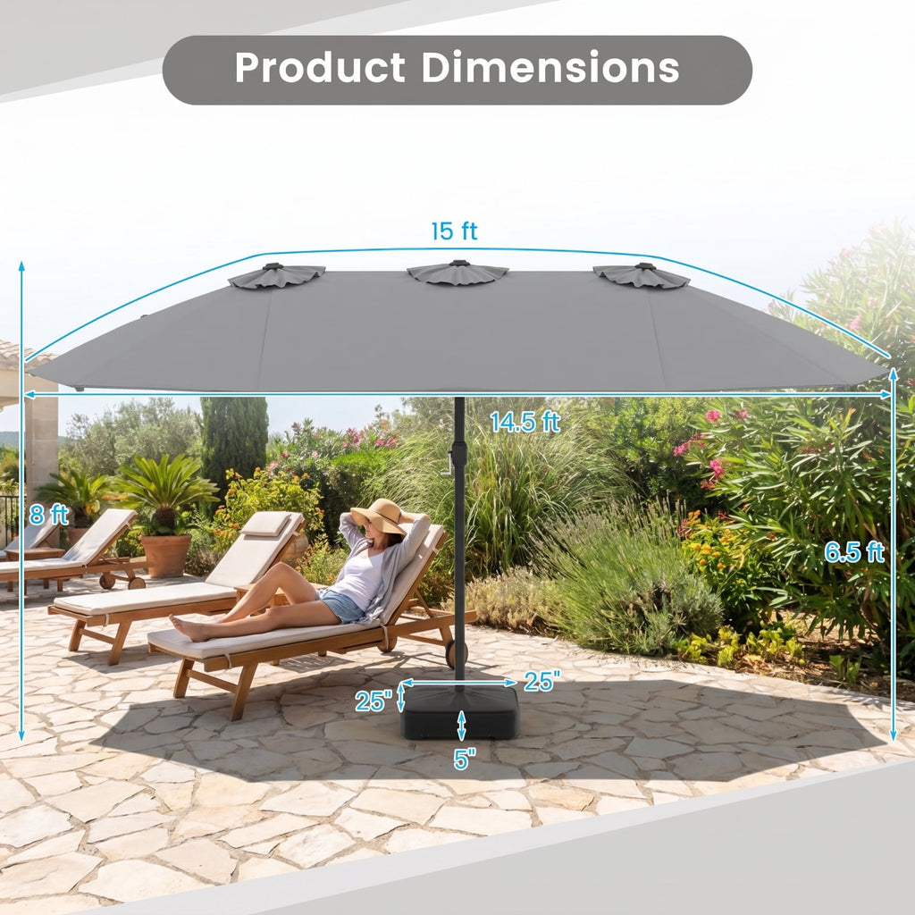 Biotree 15 ft Double-Sided Twin Patio Umbrella Crank Tilt Outdoor Shade - Gray - UV Protection with Cross Base