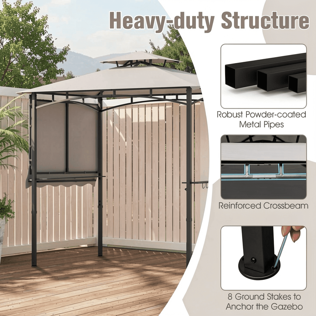 Biotree 11 x 5 FT Grill Gazebo with Side Awning and Double-Tiered Top Gray - Outdoor Patio Backyard Garden Shade Canopy Shelter