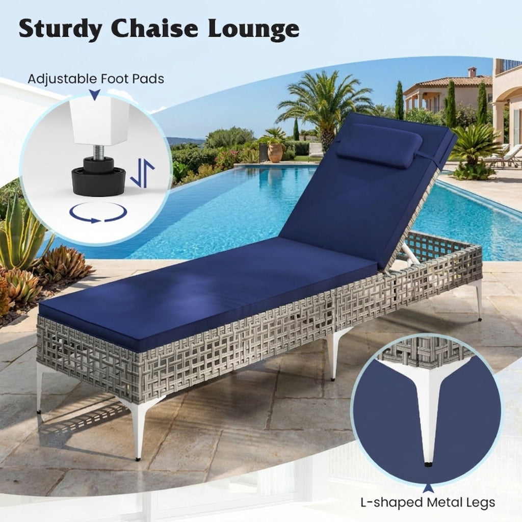 Biotree Patio Chaise Lounge Chair with 6-Level Adjustable Backrest and Headrest for Poolside Stackable Patio Chair for Garden BackyardNavy