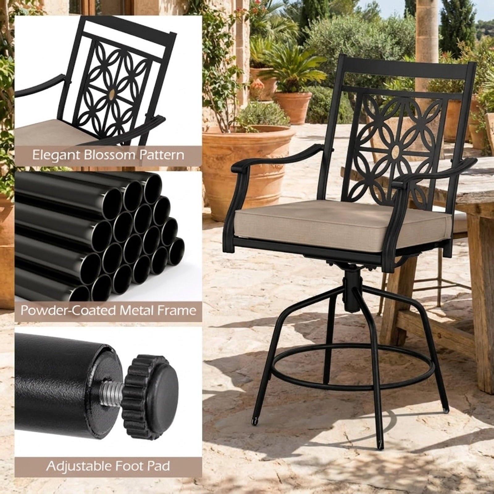 Biotree Set of 2 Outdoor Swivel Bar Stools with Cushioned Seats and Armrests, Brown - Outdoor Patio Bar Height Chair with Footrest