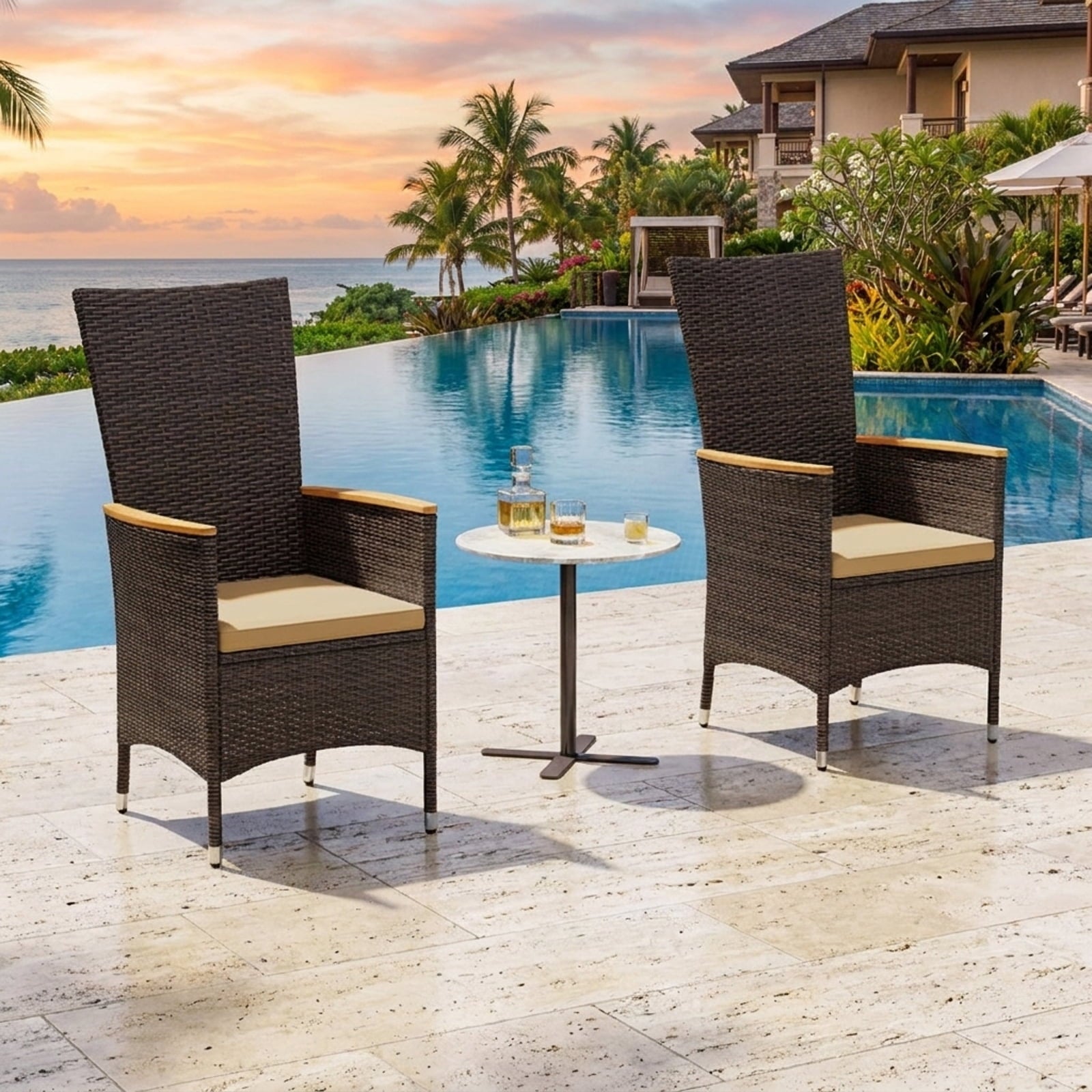 Biotree Patio Rattan Chairs Set of 2 Outdoor Wicker Dining Chairs with High Backrest Stackable Patio Chair for Garden BackyardBeige