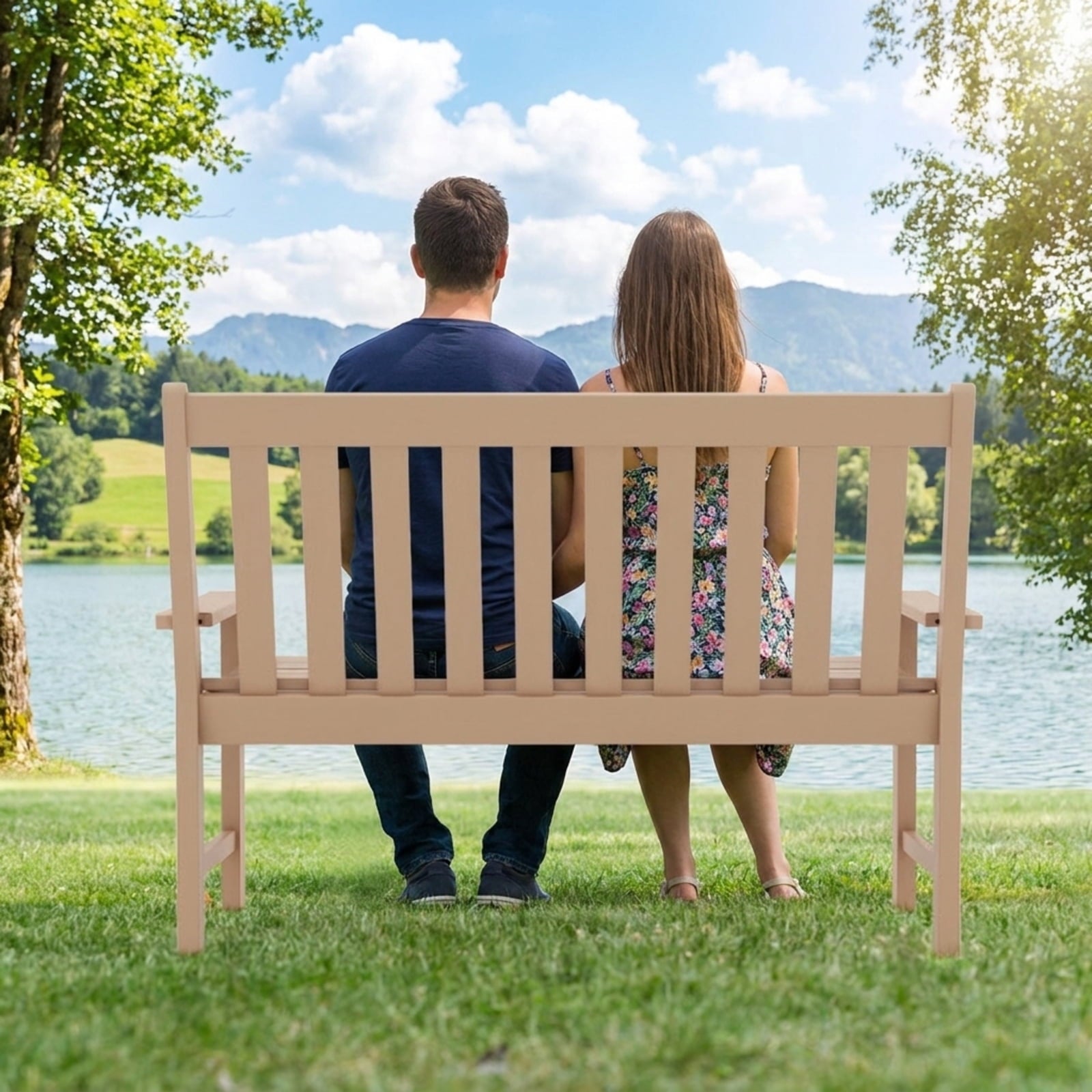Biotree 52 Inch All-Weather HDPE Outdoor Bench with Backrest and Armrests Stackable Patio Chair for Garden BackyardTeak