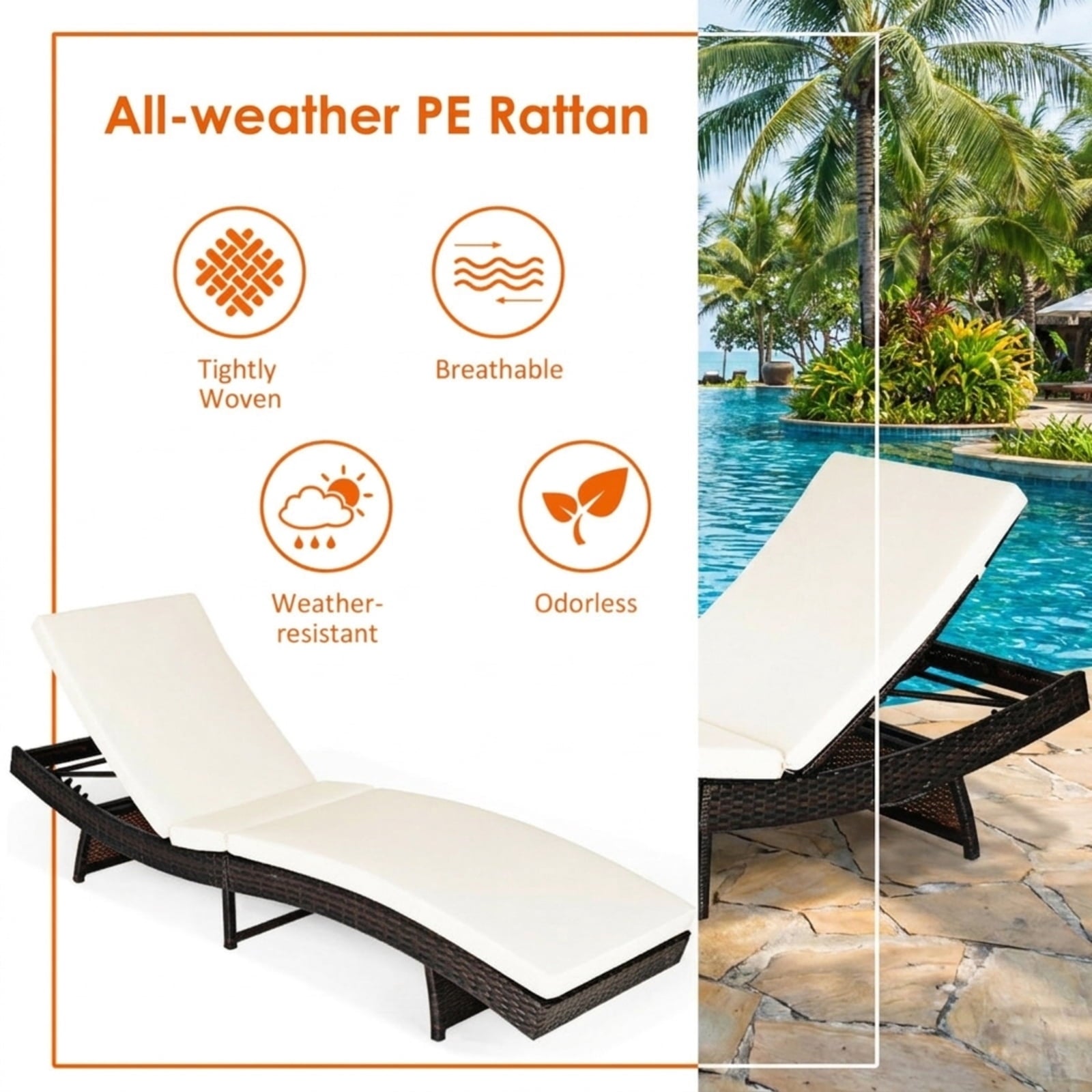 Biotree Patio Folding Chaise Lounge with 5 Adjustable Levels and Cushion Stackable Patio Chair for Garden BackyardWhite
