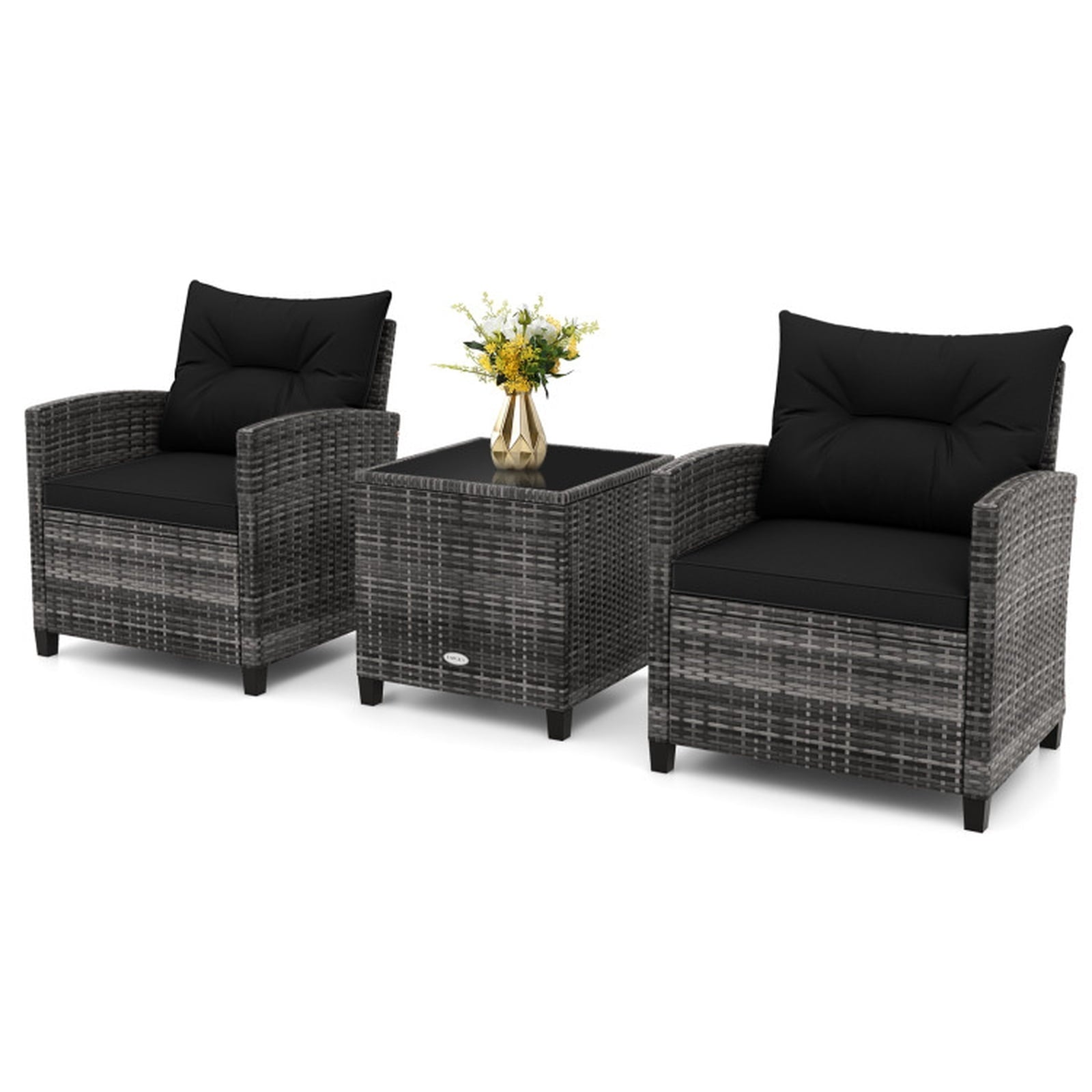 Biotree 3 Pieces Outdoor Wicker Conversation Set with Tempered Glass Tabletop Outdoor Conversation Set for Garden Backyard PorchBlack