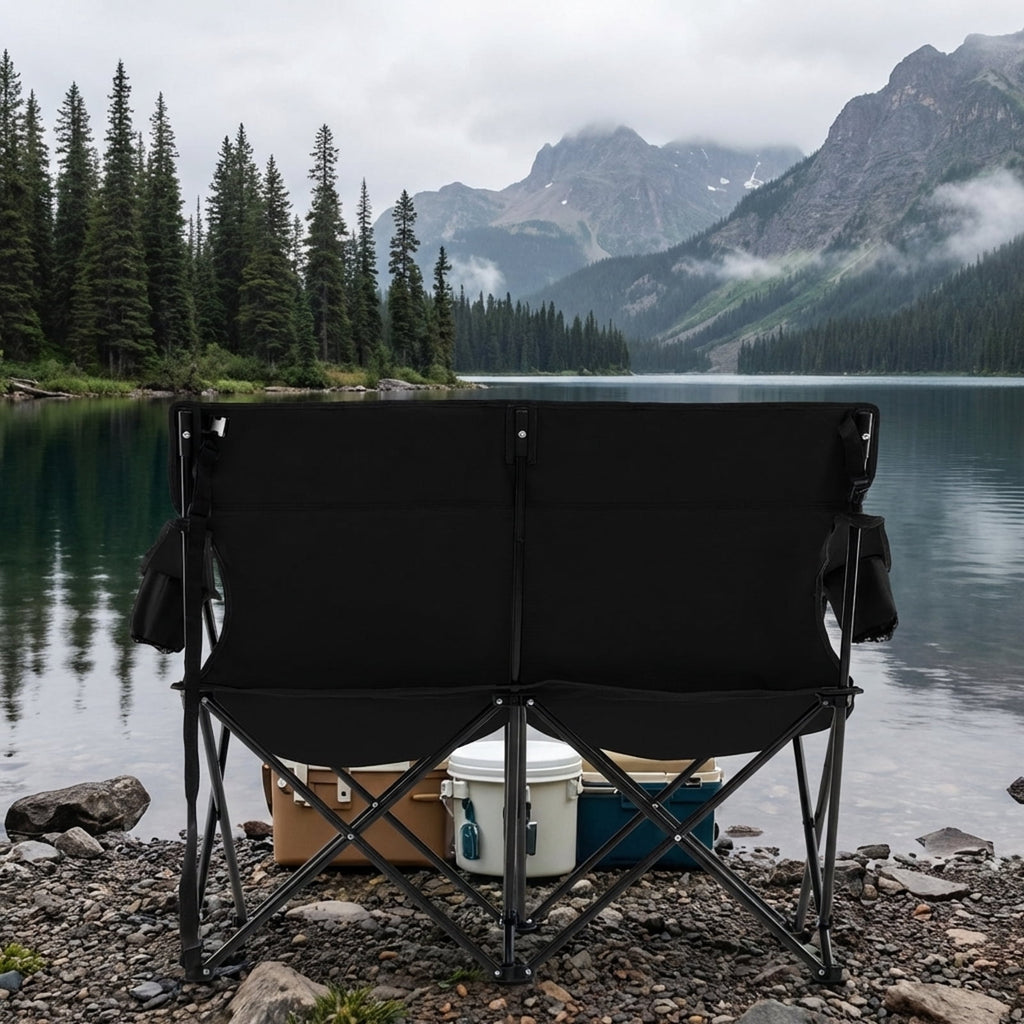 Biotree 2-Person Folding Outdoor Loveseat Camp Chair with Cup Holders Portable Double Camping Chair with Carry Bag, Black