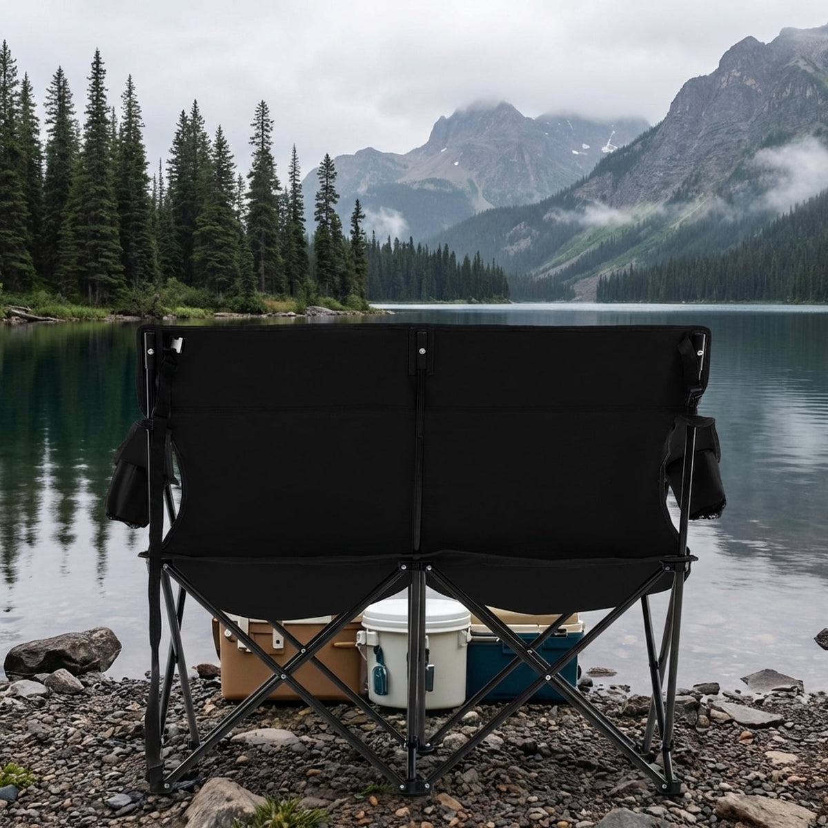 Biotree 2-Person Folding Outdoor Loveseat Camp Chair with Cup Holders Portable Double Camping Chair with Carry Bag, Black