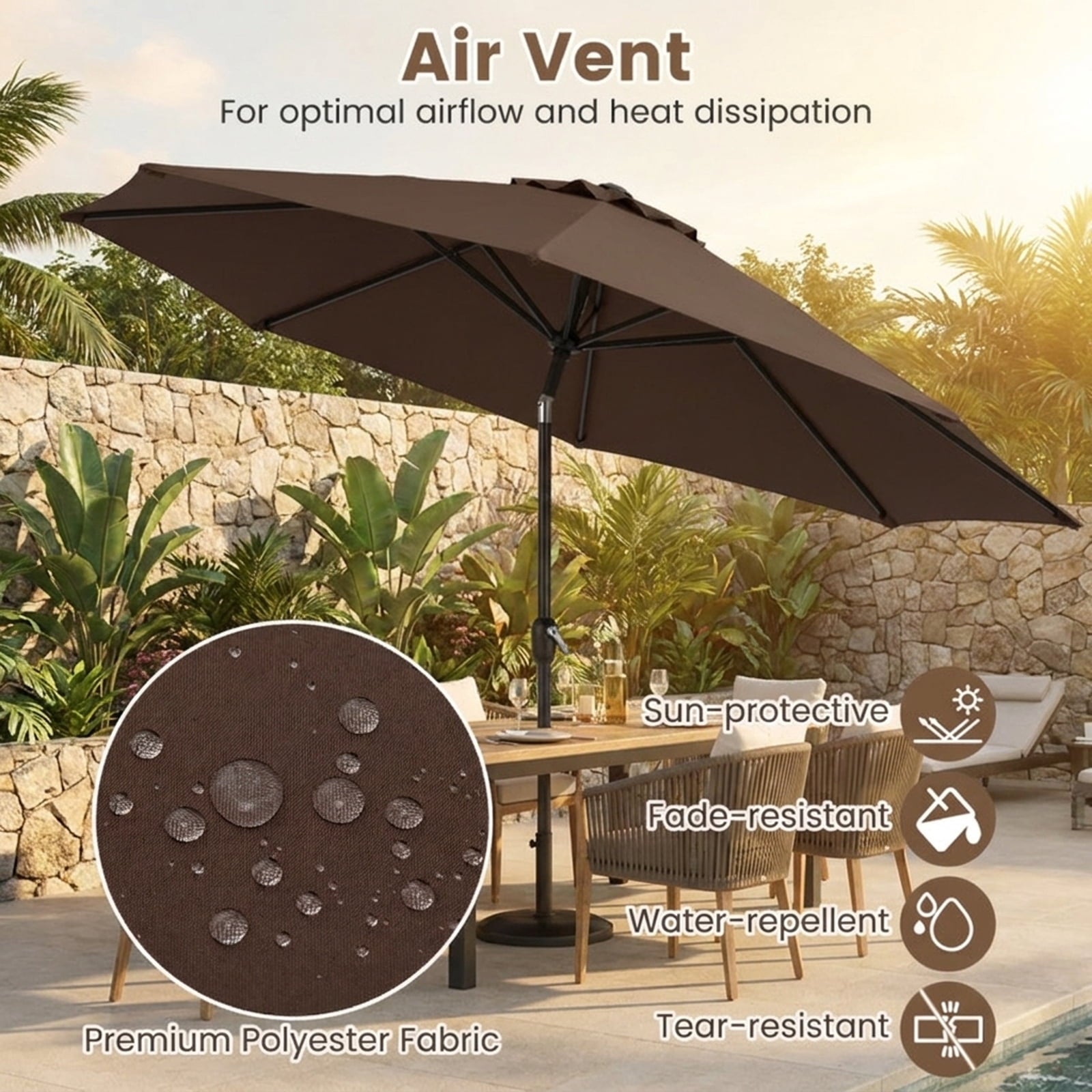 Biotree 8.5 ft Market Patio Umbrella with Crank and Tilt, 8 Sturdy Ribs, Vented Canopy - Beige for Backyard