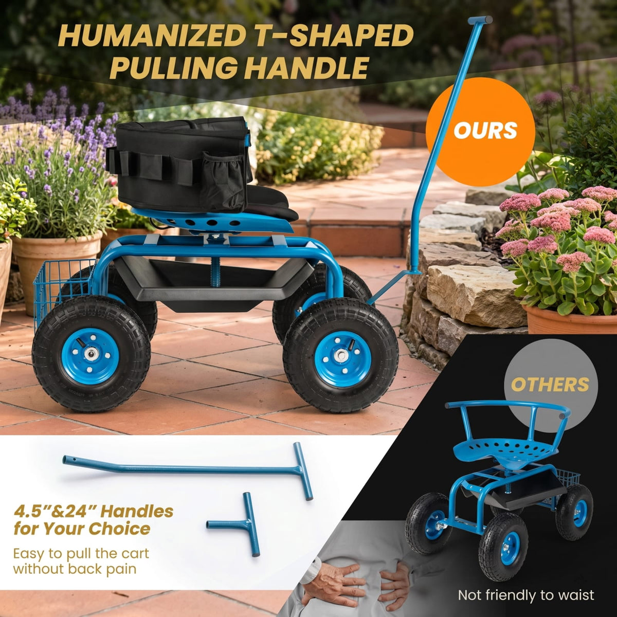 Biotree 330Lbs Rolling Garden Cart with 360¡ã Height Adjustable Swivel Seat, Garden Scooter with Storage Basket, Tool Tray for Weeding Planting Gardening Blue