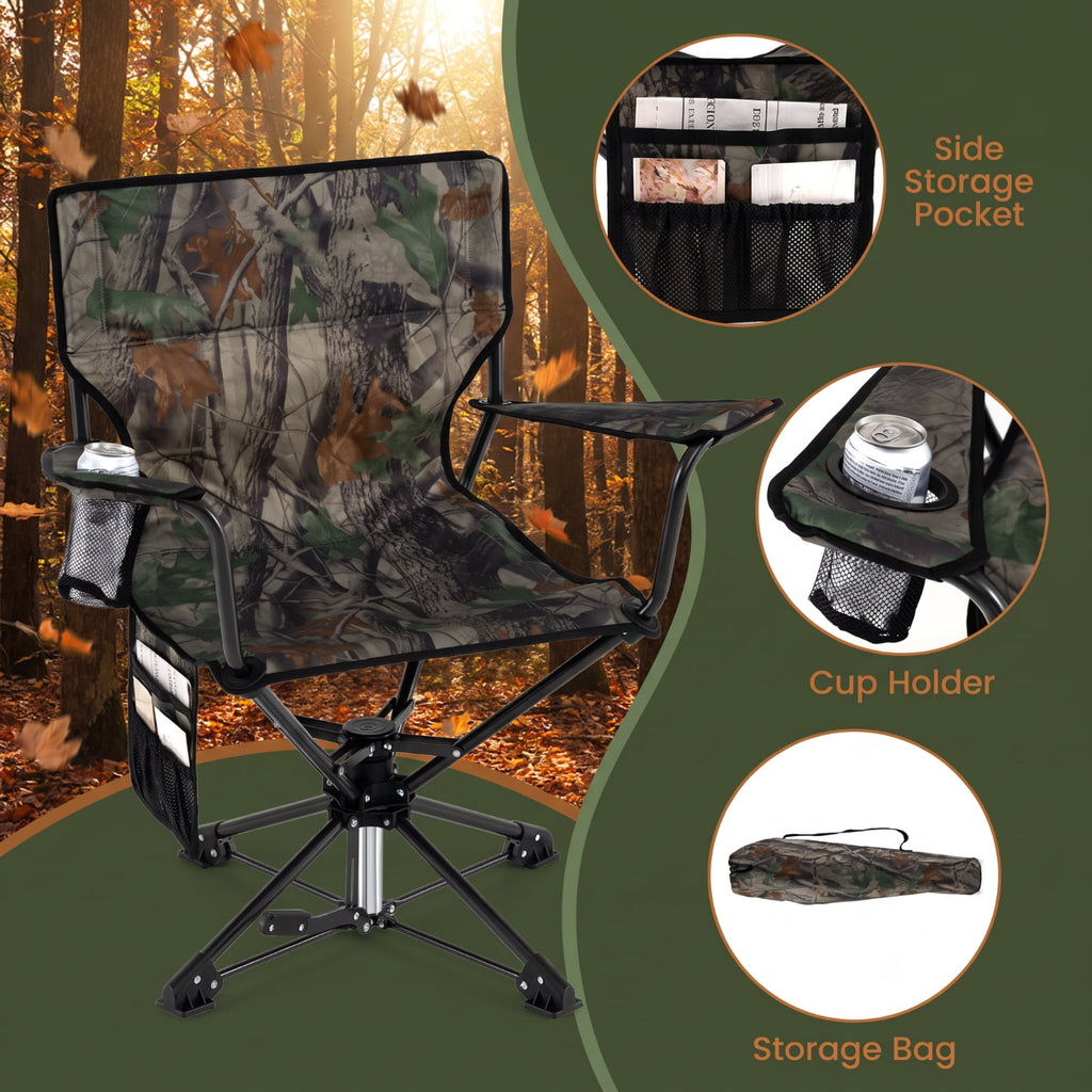 Biotree 360 Degree Swivel Hunting Chair, Portable Folding Camping Chair with Cup Holder, Storage Pockets and Carry Bag, 300 Lbs Capacity, Green