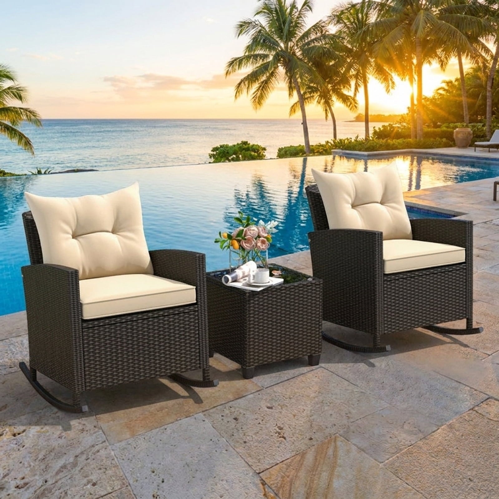 Biotree 3-Piece Patio Rattan Roker Chairs with Tempered Glass Table and Soft Cushions Outdoor Conversation Set for Garden Backyard PorchBeige