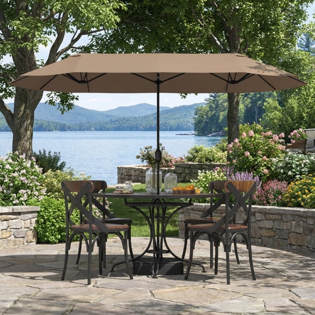 Biotree 13FT Double-sided Patio Twin Table Umbrella with Crank Handle-Tan Brown - Outdoor Patio Garden Sun Shade