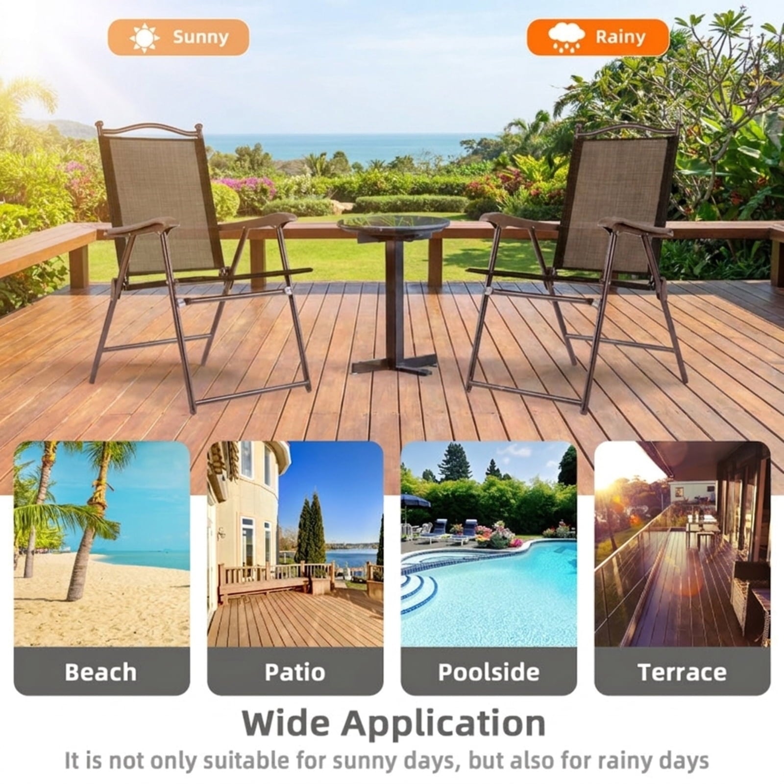 Biotree Set of 2 Patio Folding Sling Back Camping Deck Chairs Stackable Patio Chair for Garden BackyardBrown