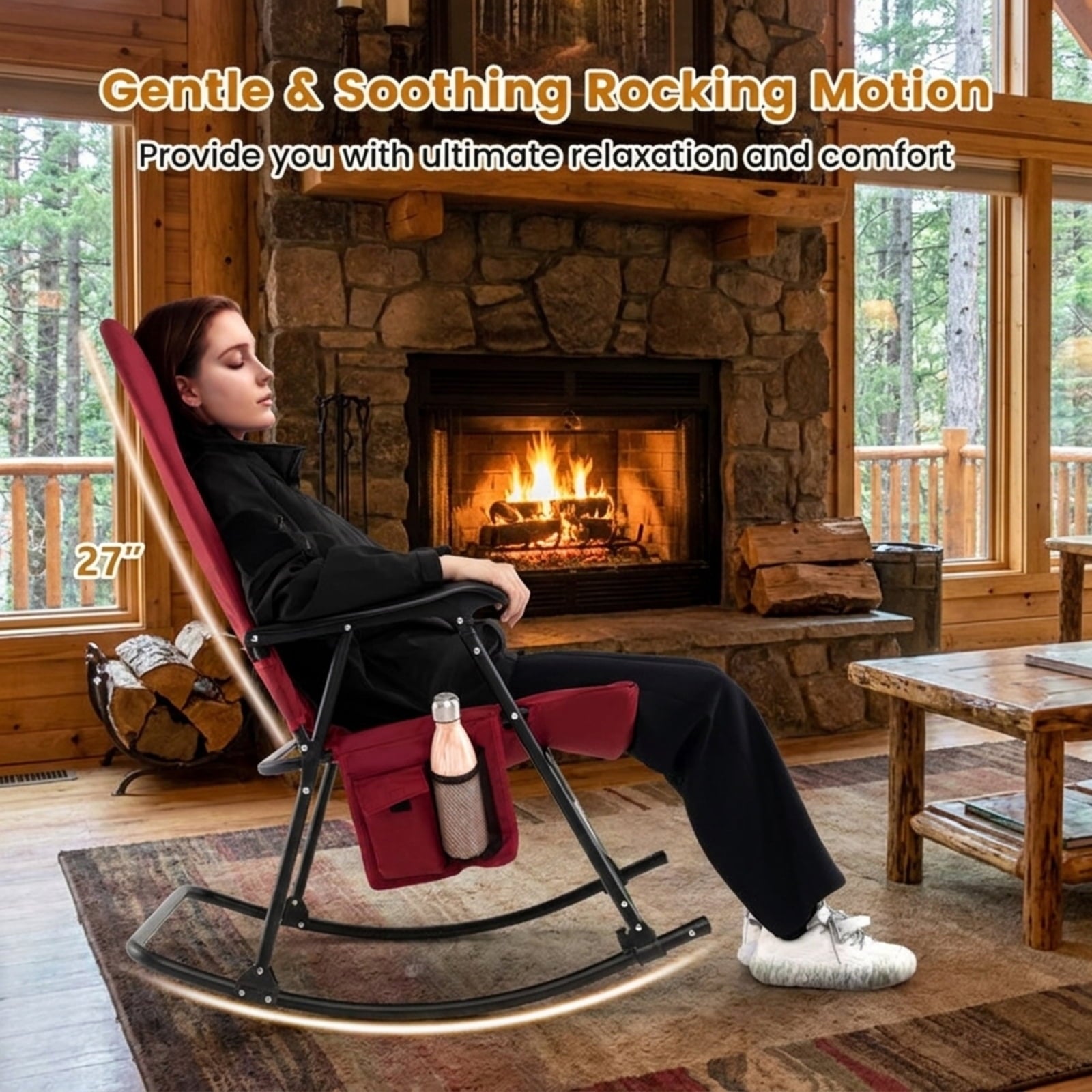 Biotree Foldable Rocking Padded Portable Camping Chair with Backrest and Armrest Stackable Patio Chair for Garden BackyardRed