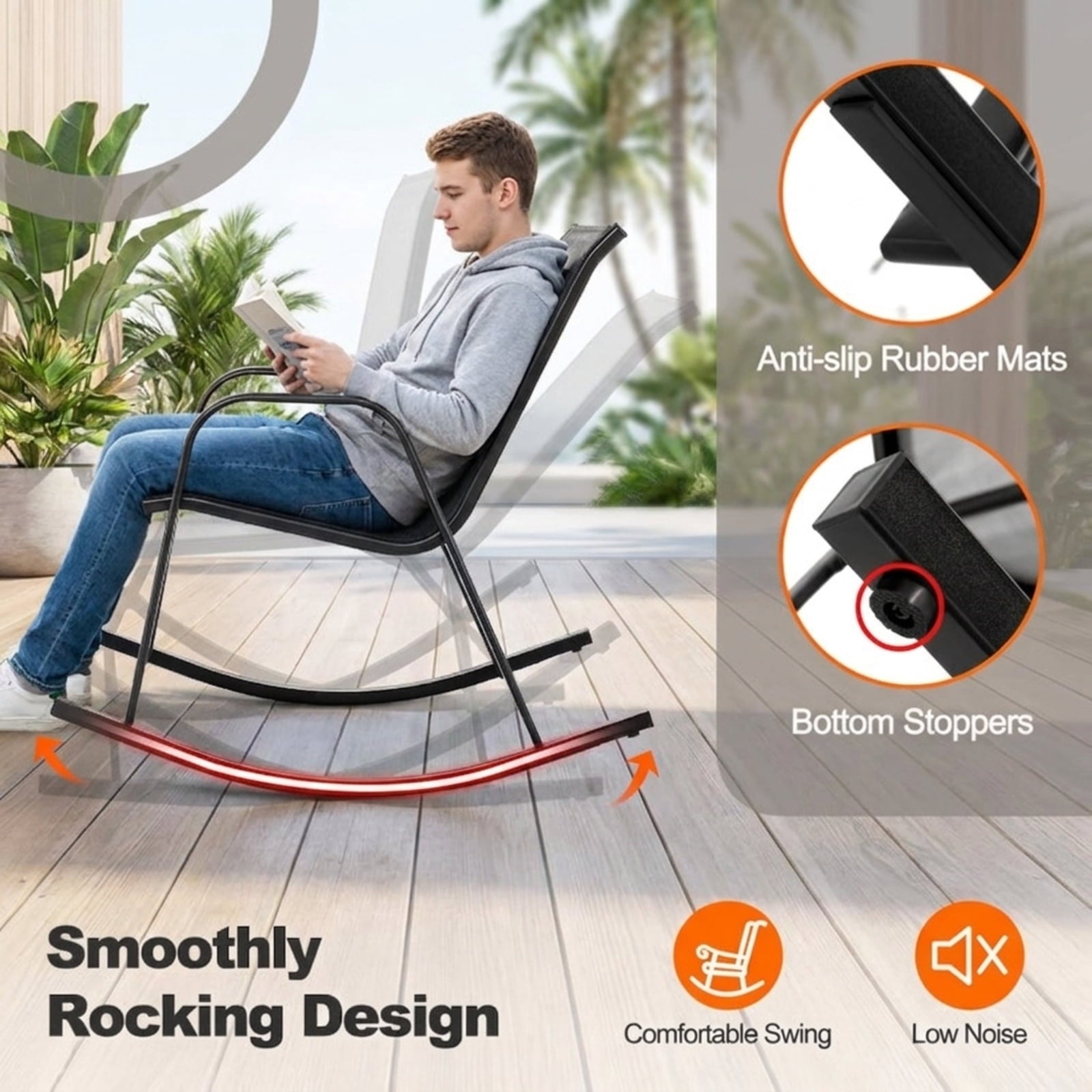 Biotree Set of 2 Metal Patio Rocking Chair with Breathable Seat Fabric Stackable Patio Chair for Garden BackyardGray