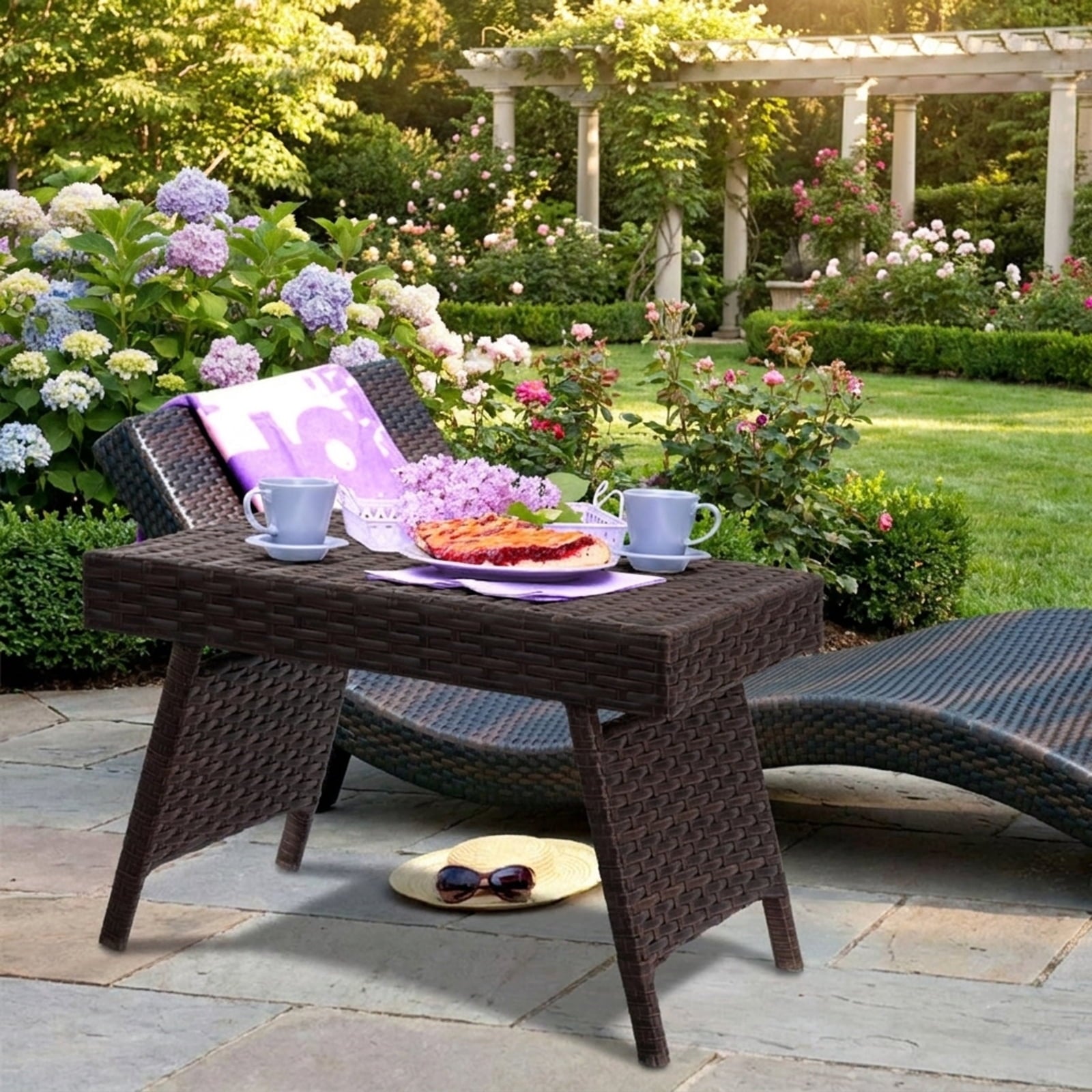 Biotree Folding PE Rattan Side Coffee Table Patio Garden Furniture, Black
