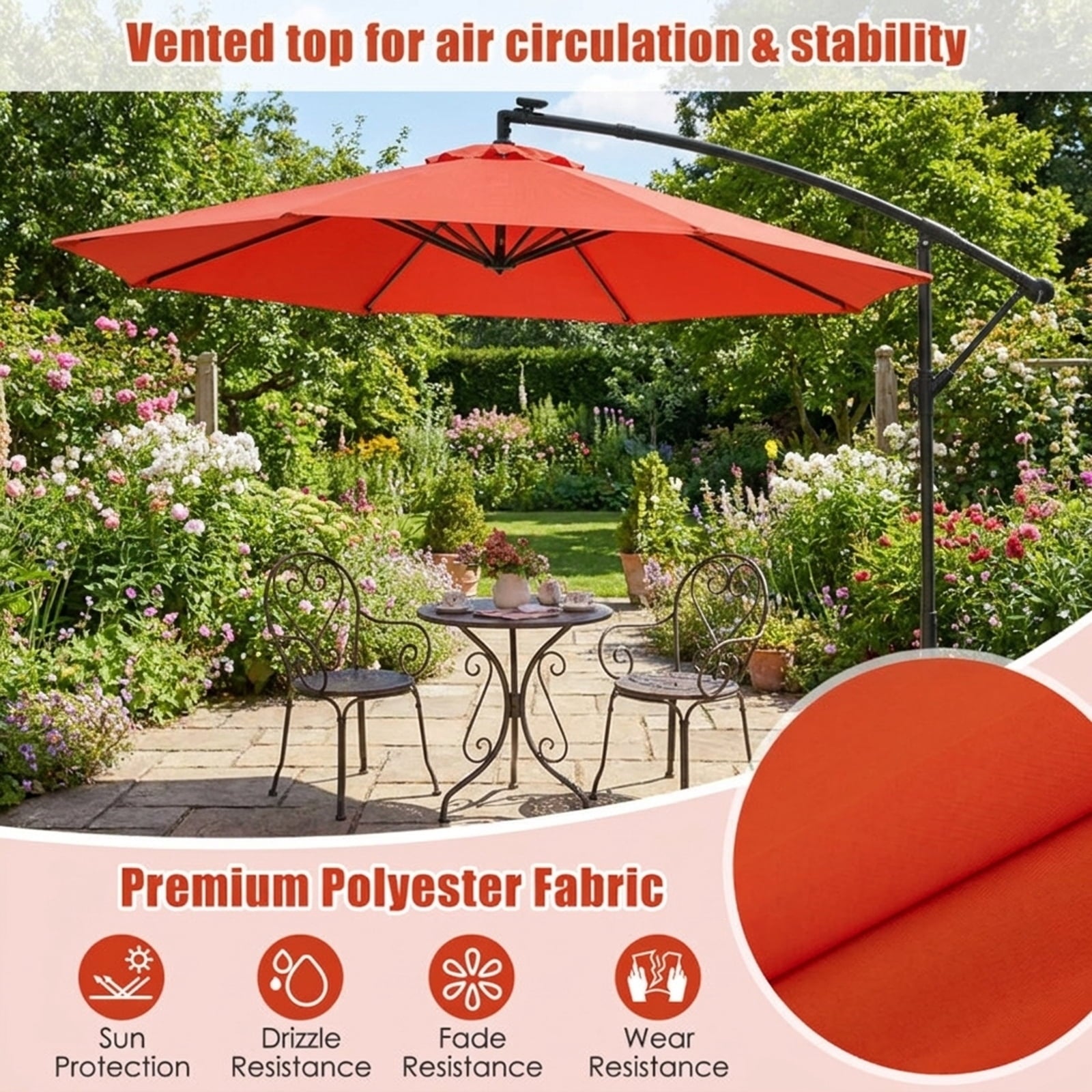 Biotree 10 ft Cantilever Offset Patio Umbrella Solar Powered Outdoor Shade - Orange - UV Protection with Cross Base