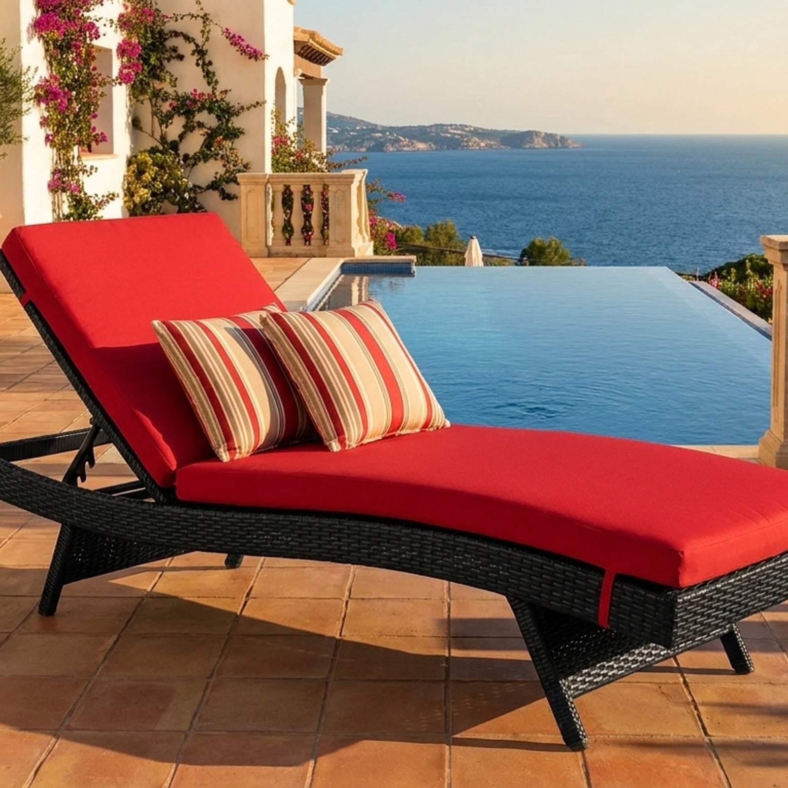 Biotree Patio Rattan Lounge Chair Back Adjustable Chaise Recliner with Cushioned Stackable Patio Chair for Garden BackyardRed