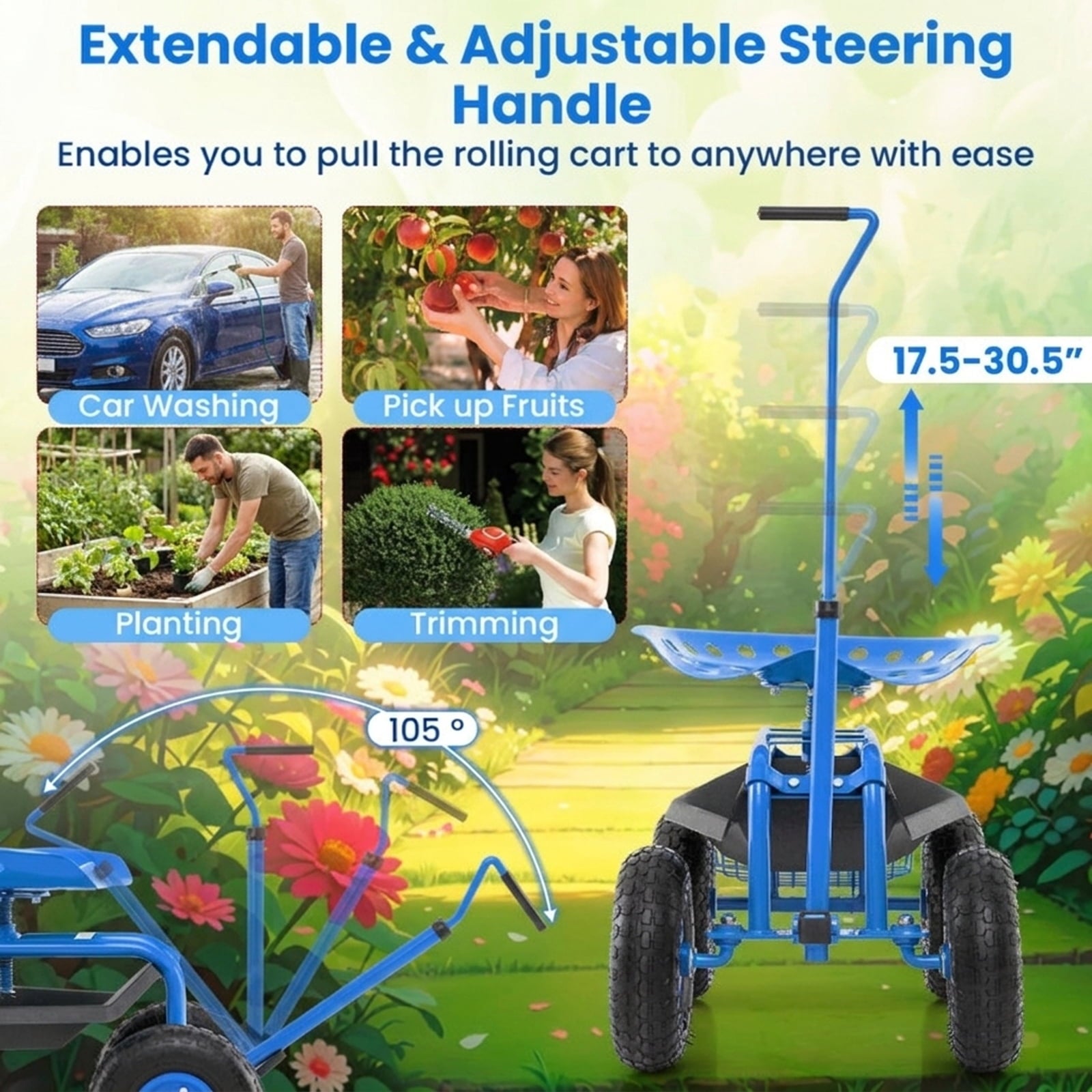 Biotree Extendable Handle Garden Cart Rolling Wagon Scooter for Garden Yard Lawn Work Outdoor, Blue