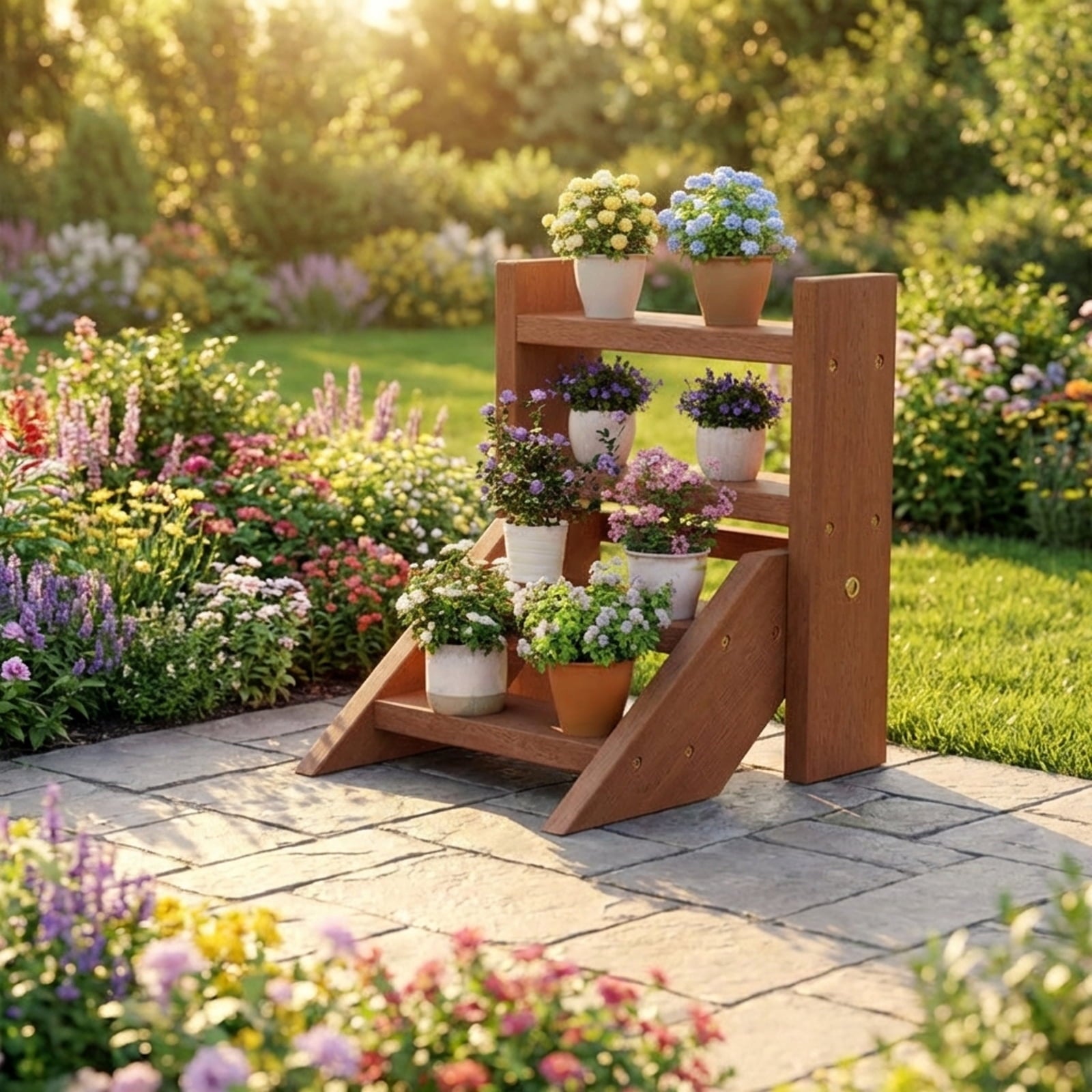 Biotree 4-Tier Solid Wood Plant Stand, Ladder Flower Shelf for Succulents and Small Pots, Waterproof Teak Oil Finish, Compact Indoor Outdoor Display Rack for Window Sill, Desktop and Balcony, Natural