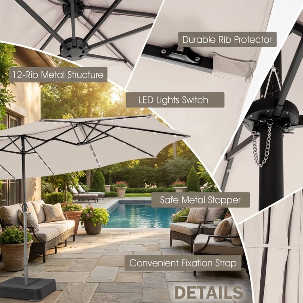 Biotree 15 Feet Twin Patio Umbrella with 48 Solar LED Lights-Beige Beige/Light Brown/Orange/Dark Red/Gray/Turquoise