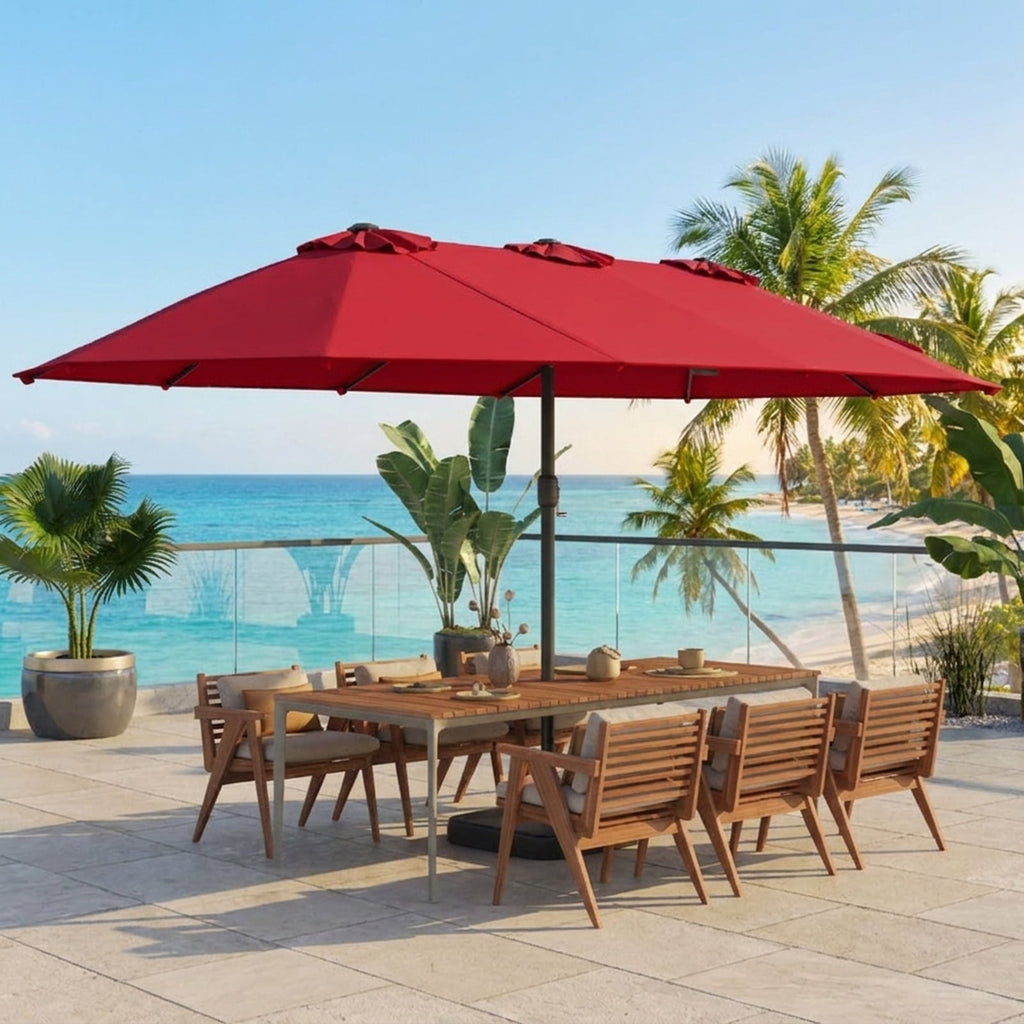 Biotree 15 ft Double-Sided Twin Patio Umbrella Crank Tilt Outdoor Shade - Red - UV Protection with Cross Base