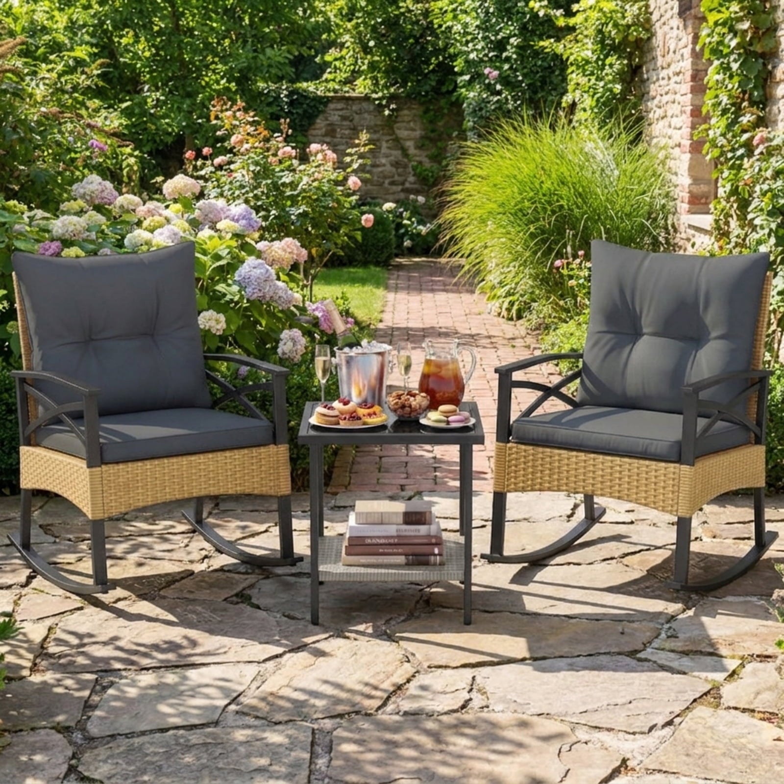 Biotree 3 Pieces Outdoor Rattan Rocking Chairs Set with 2-Tier Side Table for Garden Backyard Outdoor Conversation Set for Garden Backyard PorchGray