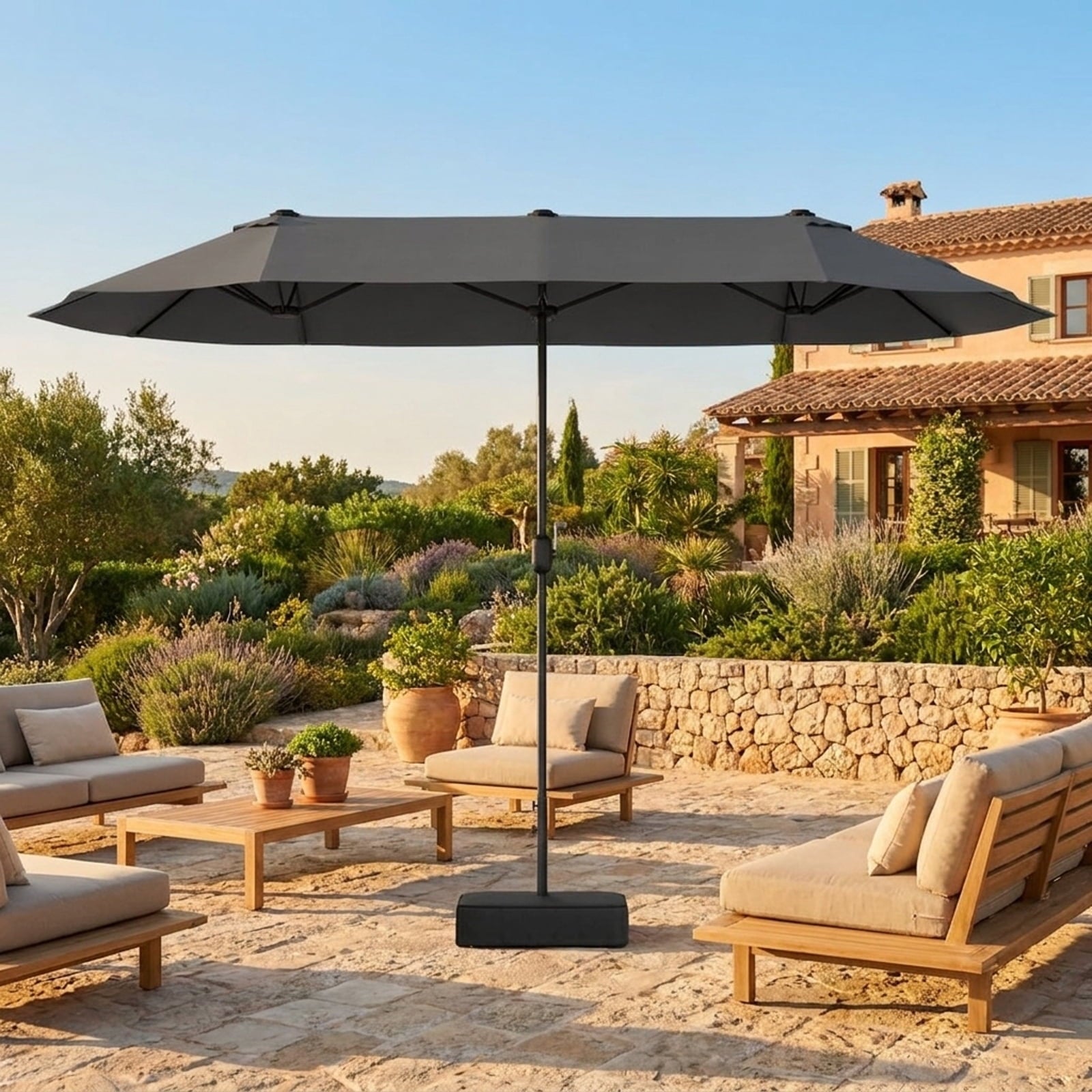 Biotree 13 ft Double-Sided Twin Patio Umbrella Crank Tilt Outdoor Shade - Gray - UV Protection with Cross Base