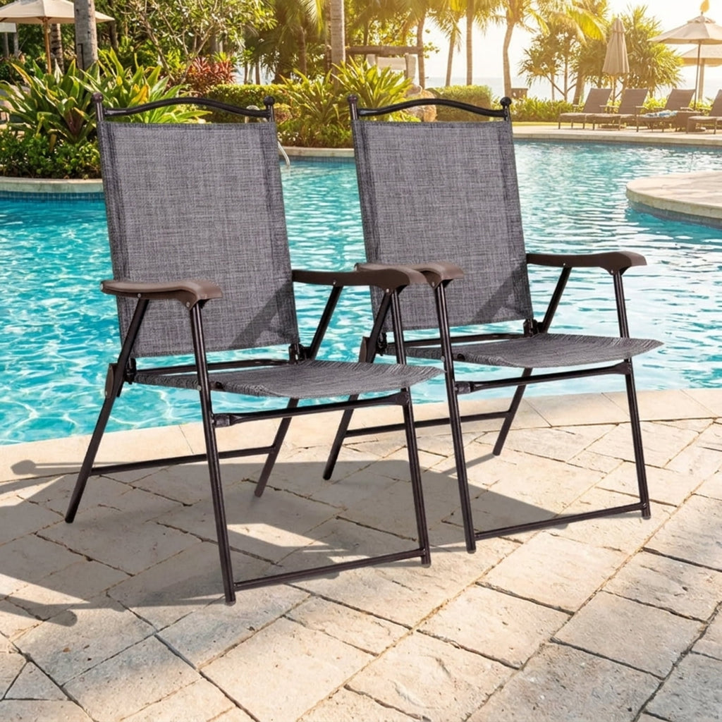 Biotree Set of 2 Patio Folding Sling Back Camping Deck Chairs Stackable Patio Chair for Garden BackyardGray