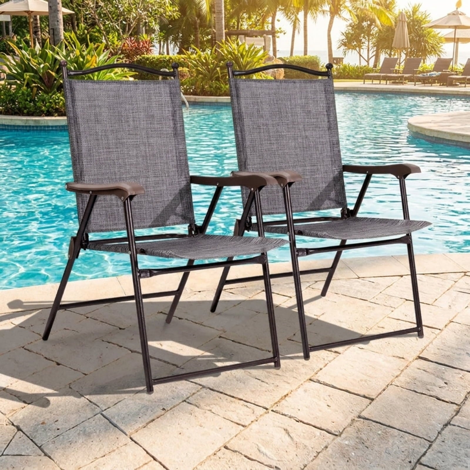 Biotree Set of 2 Patio Folding Sling Back Camping Deck Chairs Stackable Patio Chair for Garden BackyardGray