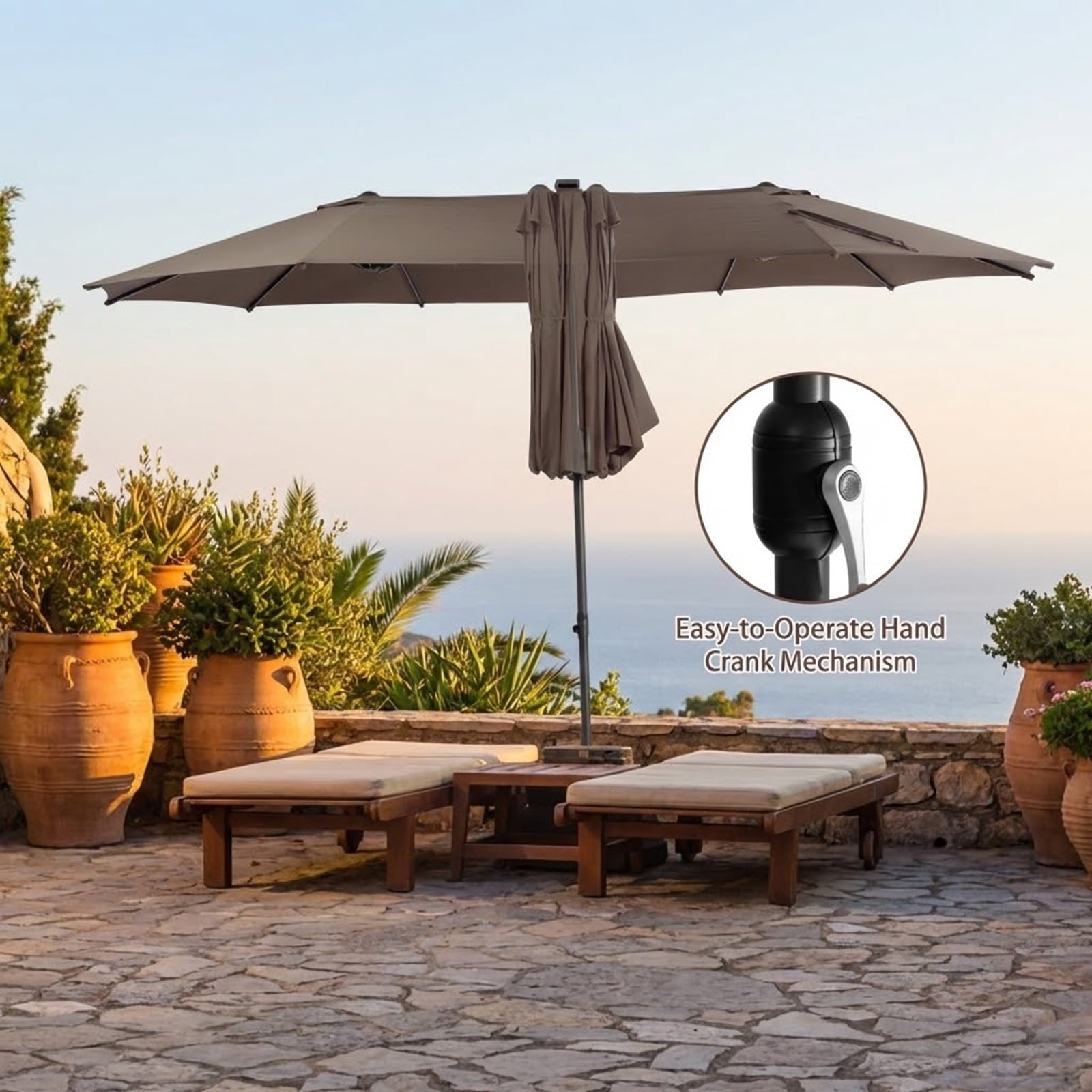 Biotree 15 Feet Twin Patio Umbrella with 48 Solar LED Lights-Light Brown Beige/Light Brown/Orange/Dark Red/Gray/Turquoise
