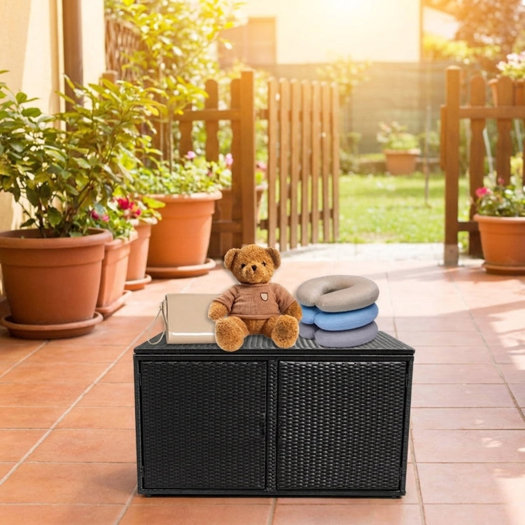 Biotree 88 Gallon Garden Patio Rattan Storage Container Box Outdoor Waterproof for Patio Deck Garden Cushions, Black