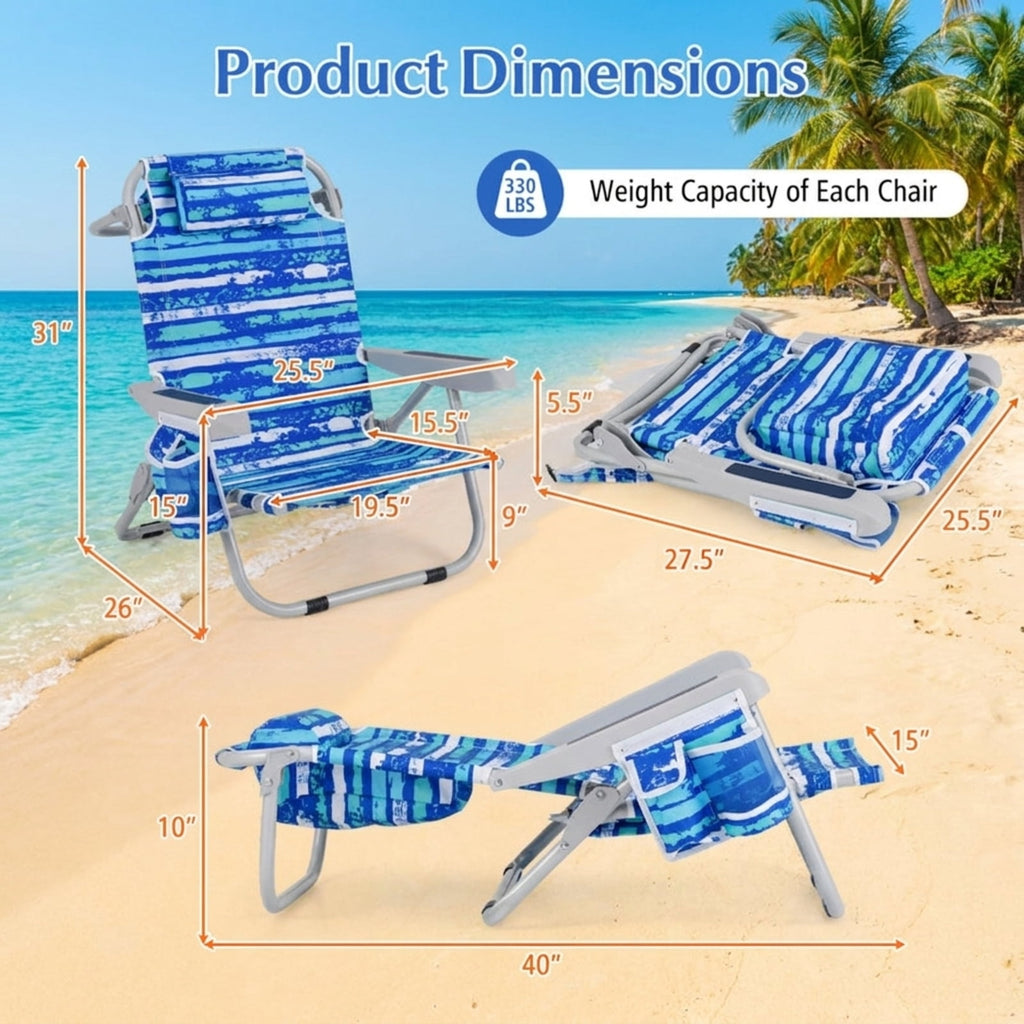 Biotree Foldable Backpack Beach Chair with Cup Holder and Storage Pockets Set of 2 Stackable Patio Chair for Garden BackyardNavy
