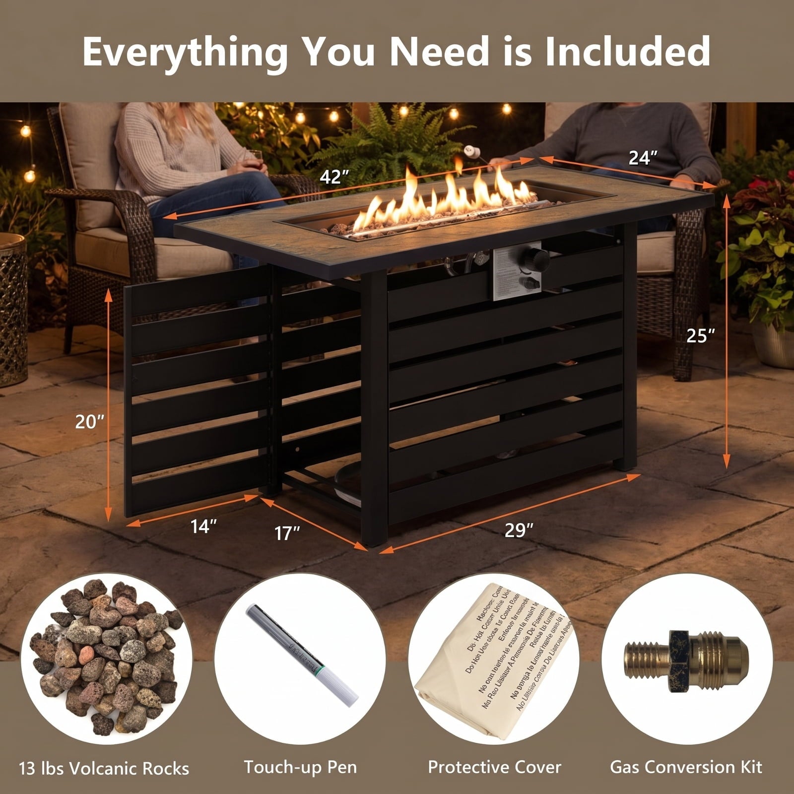 Biotree 42 Inch 50000 BTU Propane Fire Pit Table with Ore Powder Surface for Outdoor Patio Backyard Garden Camping, Black