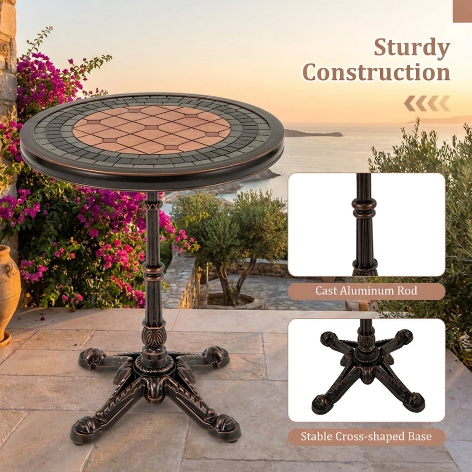 Biotree 24" Round Patio Dining Table Weather-resistant Cast Aluminum Table, Walnut