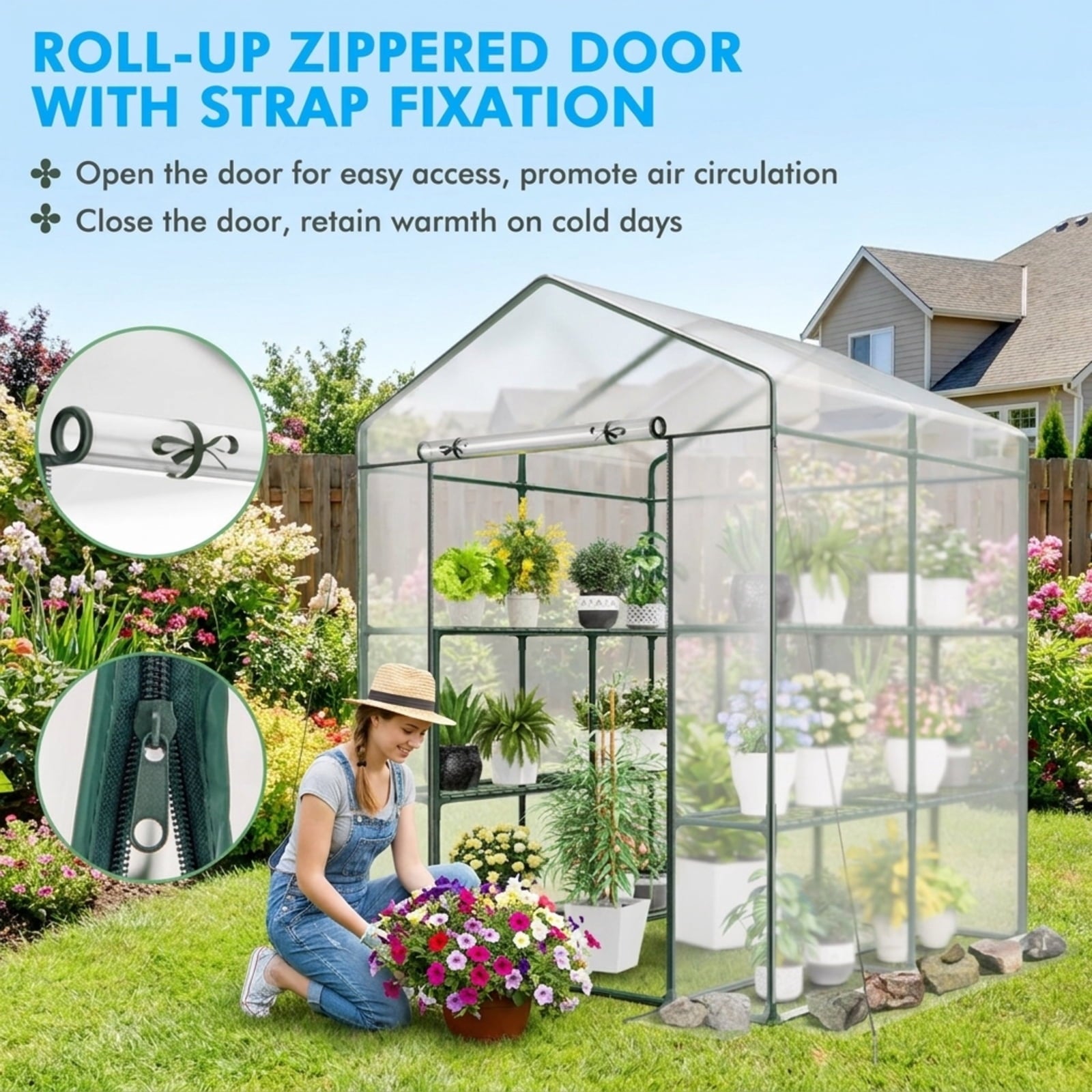 Biotree Walk-in Greenhouse with 3 Tiers 8 Shelves PVC Cover Roll for Outdoor Garden Backyard Patio Vegetables Flowers, Transparent