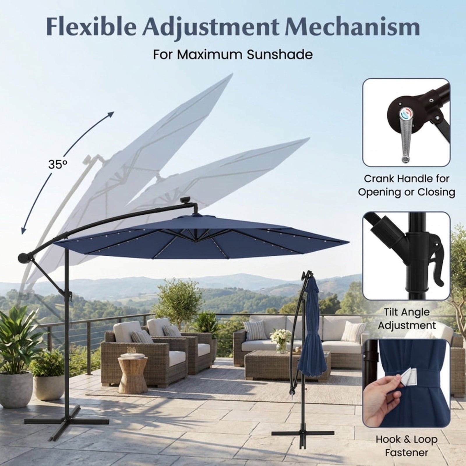 Biotree 10 ft Solar LED Cantilever Patio Umbrella Offset Hanging with Cross Base, 8 Ribs - Navy Blue