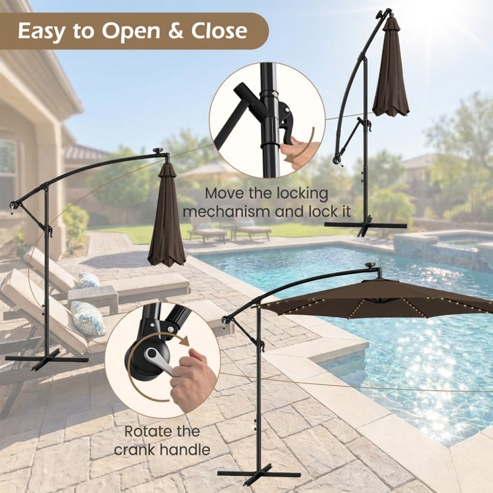 Biotree 10 ft Cantilever Offset Patio Umbrella Solar LED Lights Outdoor Shade - Brown - UV Protection