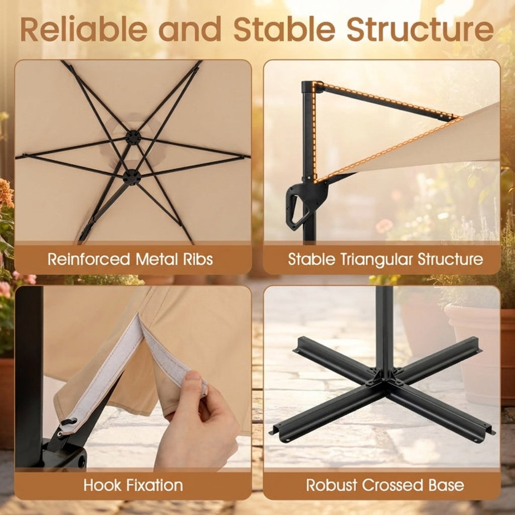 Biotree 9 ft Cantilever Patio Umbrella Offset Hanging with Cross Base, 8 Ribs - Beige for Backyard Garden Poolside