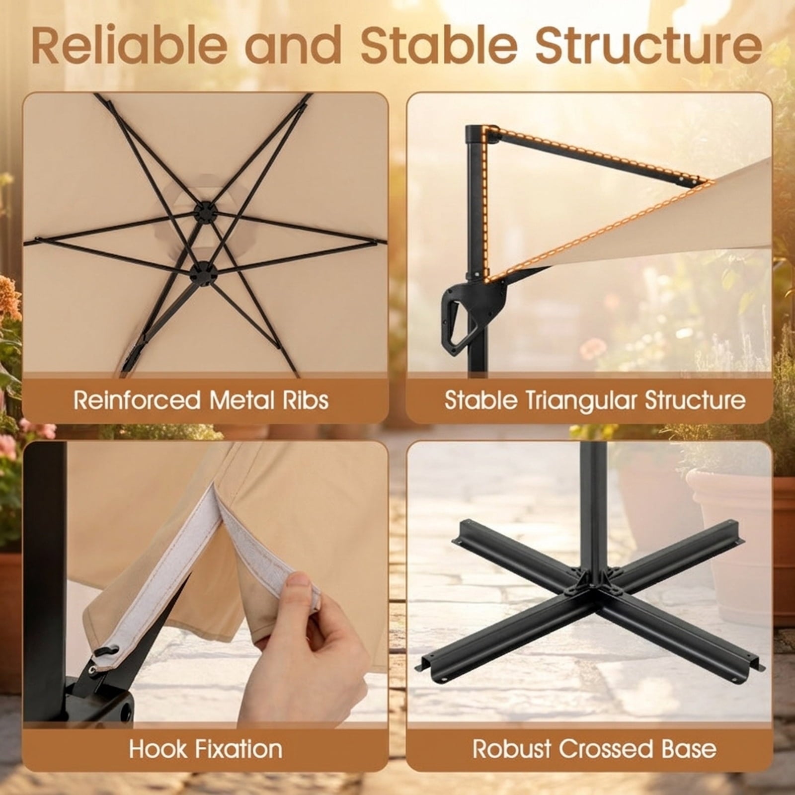 Biotree 9 ft Cantilever Patio Umbrella Offset Hanging with Cross Base, 8 Ribs - Beige for Backyard Garden Poolside