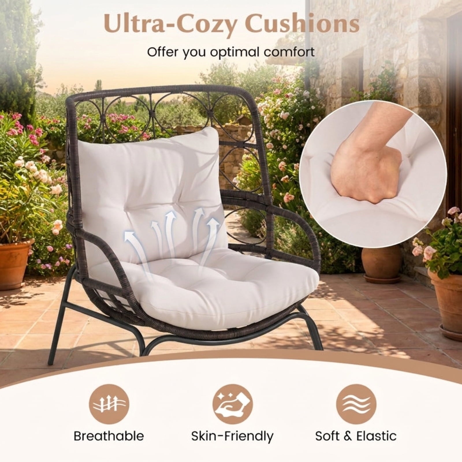 Biotree Patio Wicker Egg Chair Outdoor Rattan Lounge Basket with Seat and Back Cushions Stackable Patio Chair for Garden BackyardBrown