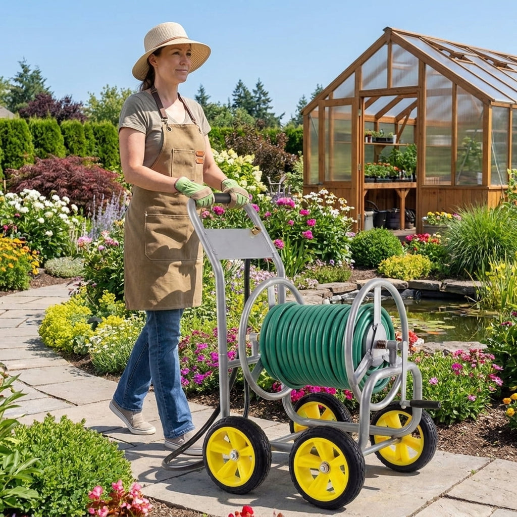 Biotree Garden Hose Reel Cart 4 Wheels Heavy-Duty Metal Water Hose Organizer Portable for Garden Yard Lawn Watering Outdoor, Silver