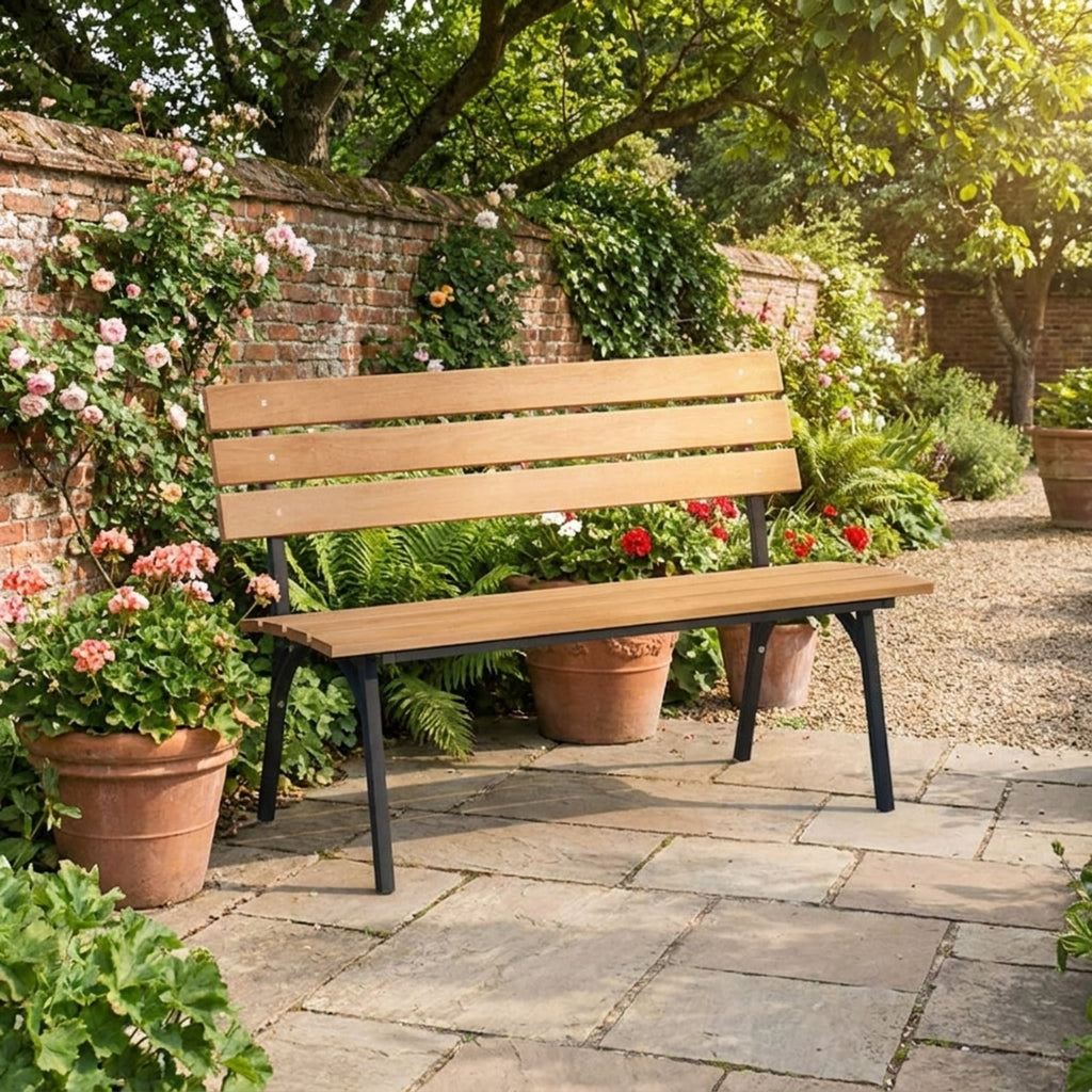 Biotree 47 Inch Outdoor Acacia Wood Bench with Metal Frame and Slatted Seat Stackable Patio Chair for Garden BackyardNatural + Black
