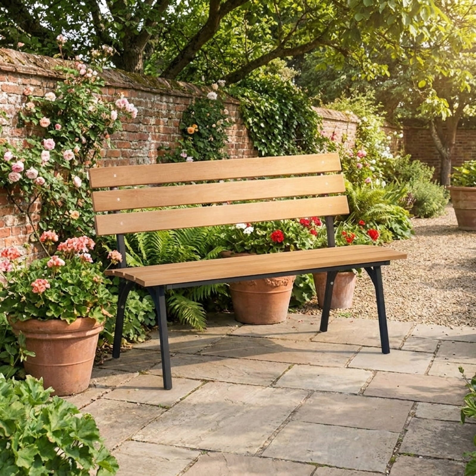 Biotree 47 Inch Outdoor Acacia Wood Bench with Metal Frame and Slatted Seat Stackable Patio Chair for Garden BackyardNatural + Black
