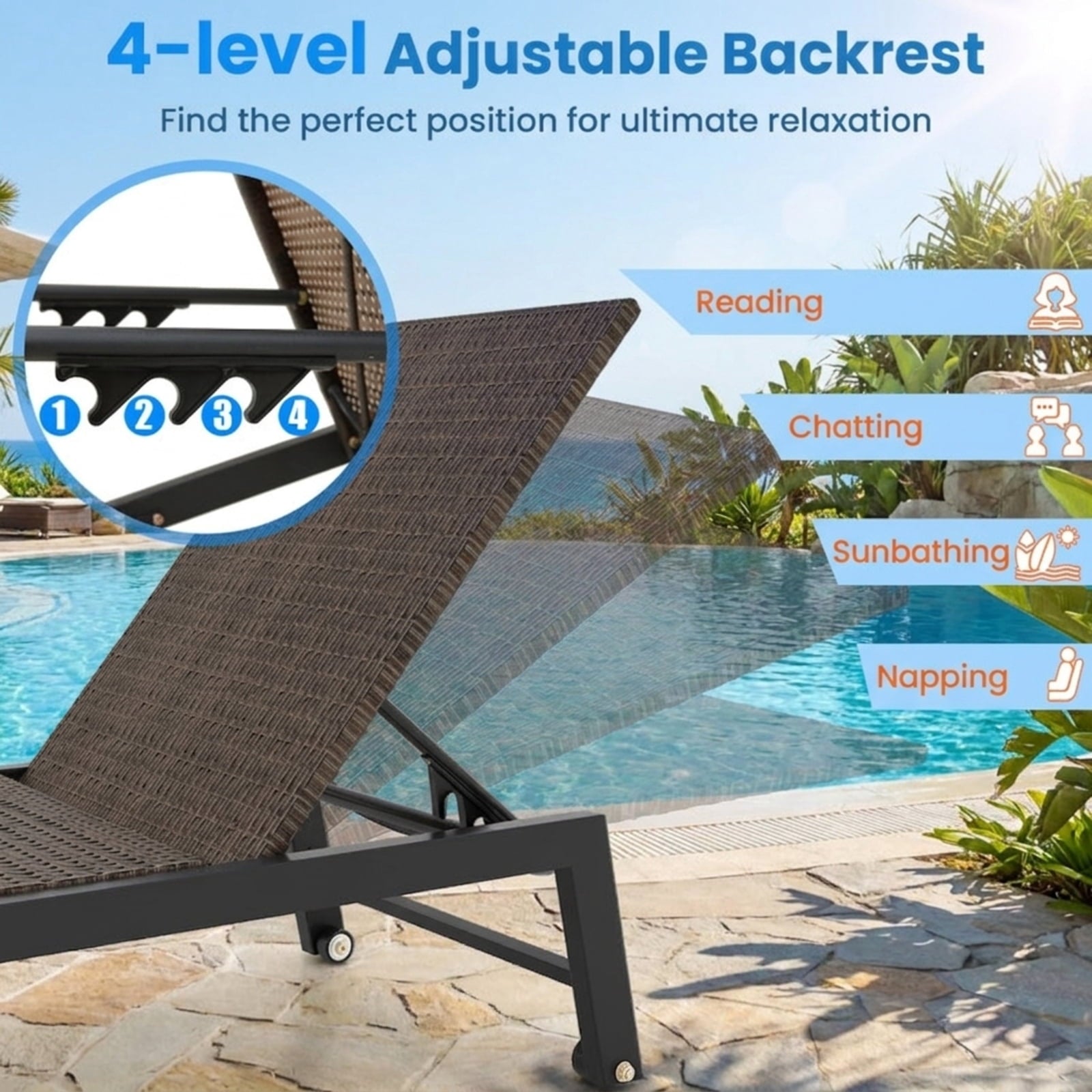Biotree Patio PE Rattan Chaise Lounge with 5-Level Backrest and Wheels Stackable Patio Chair for Garden BackyardBrown